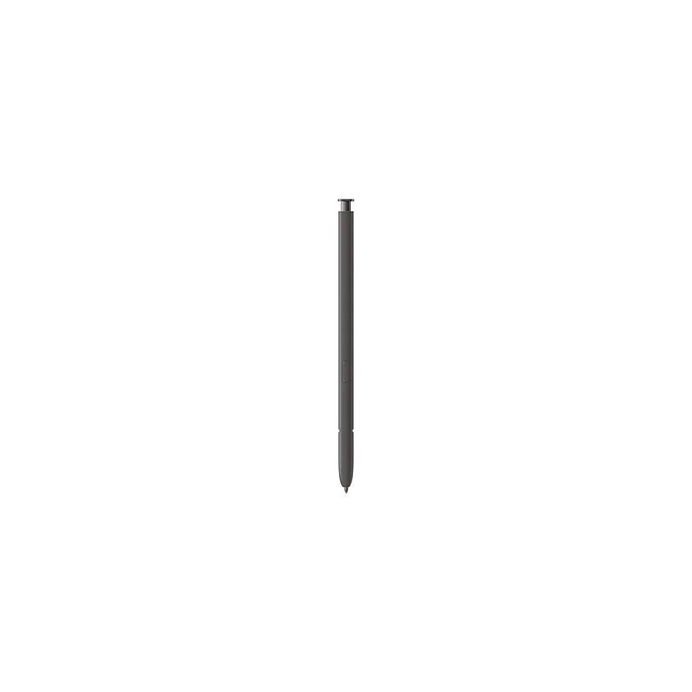 Ein schwarzer Eingabestift, der aufrecht gegen einen weißen Hintergrund lehnt.