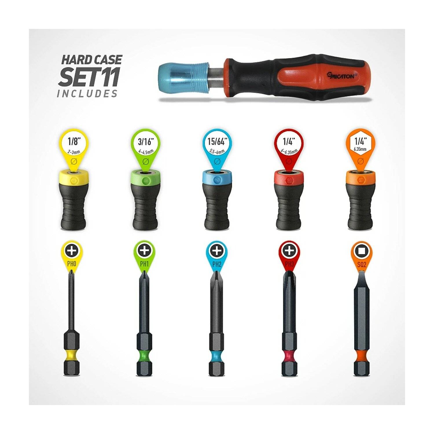 5 Magnet Driver®-Hülsen + 5 verlängerte Bits PH0, PH1, PH2, PH3 und SQ2 + Micaton-Griff
