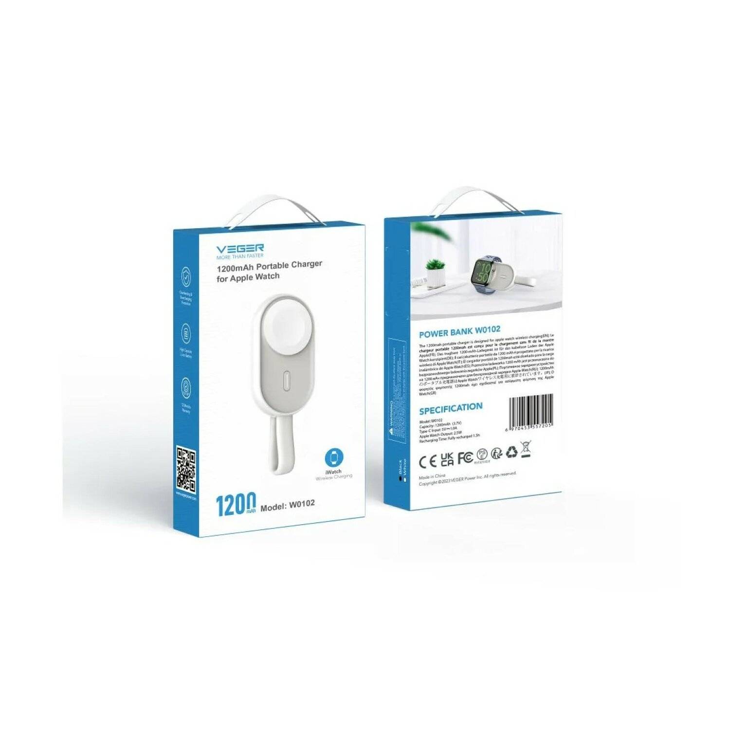 VEGER Pomme externer Akku (Powerbank) für Uhr, kompatibel mit Apple Watch 1200 mAh W0102