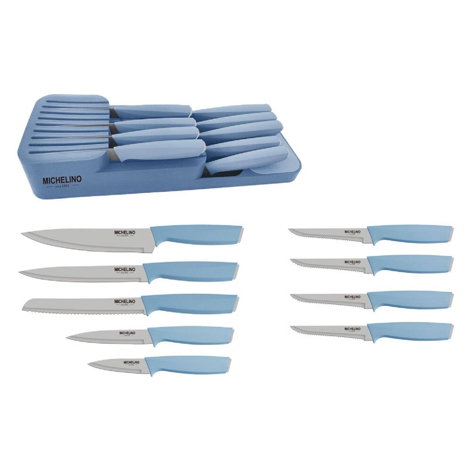 MICHELINO Praktisches 10-teiliges Messerorganizer-Set: Serie Alythia für geordnete Küchen Blau