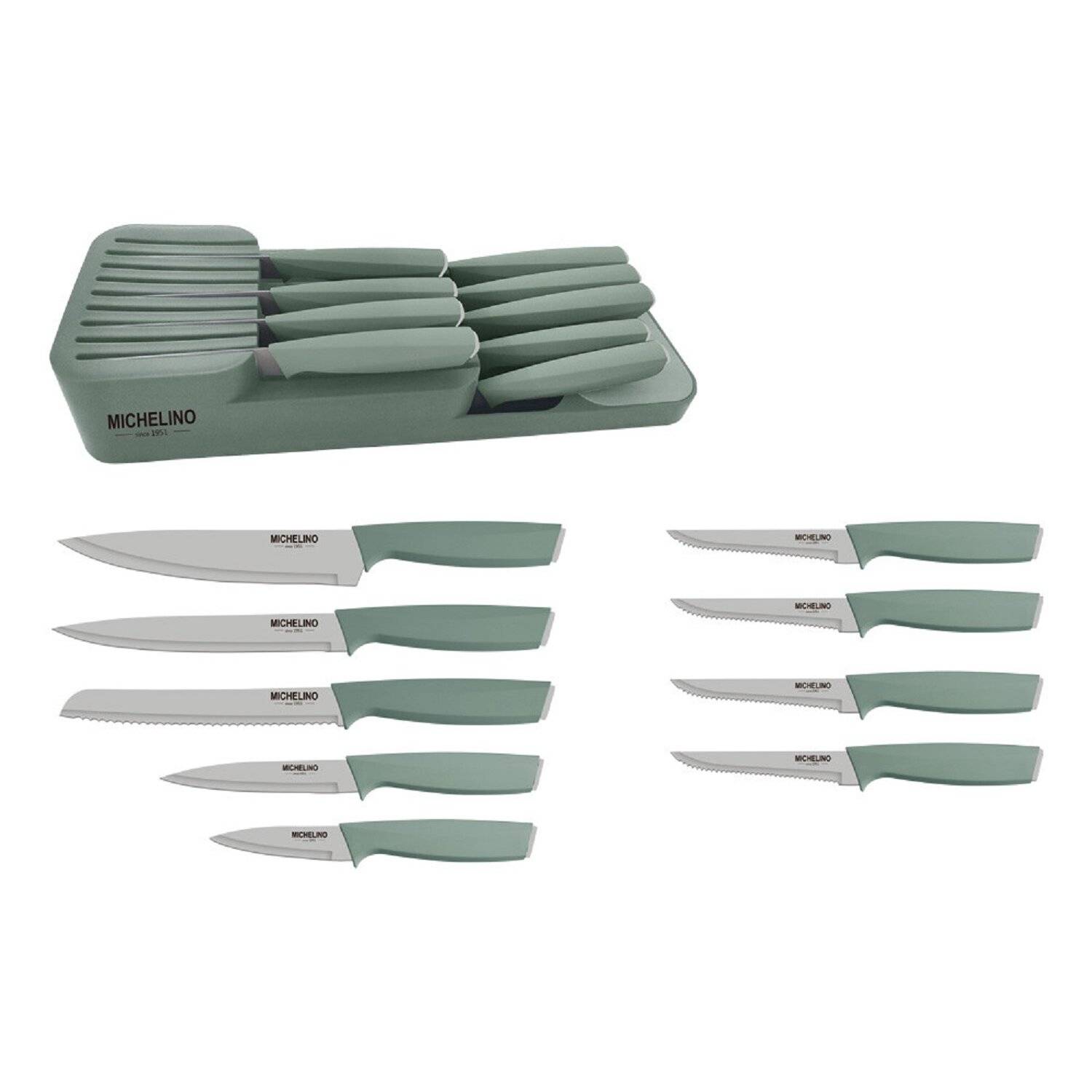 MICHELINO Praktisches 10-teiliges Messerorganizer-Set: Serie Alythia für geordnete Küchen Grün