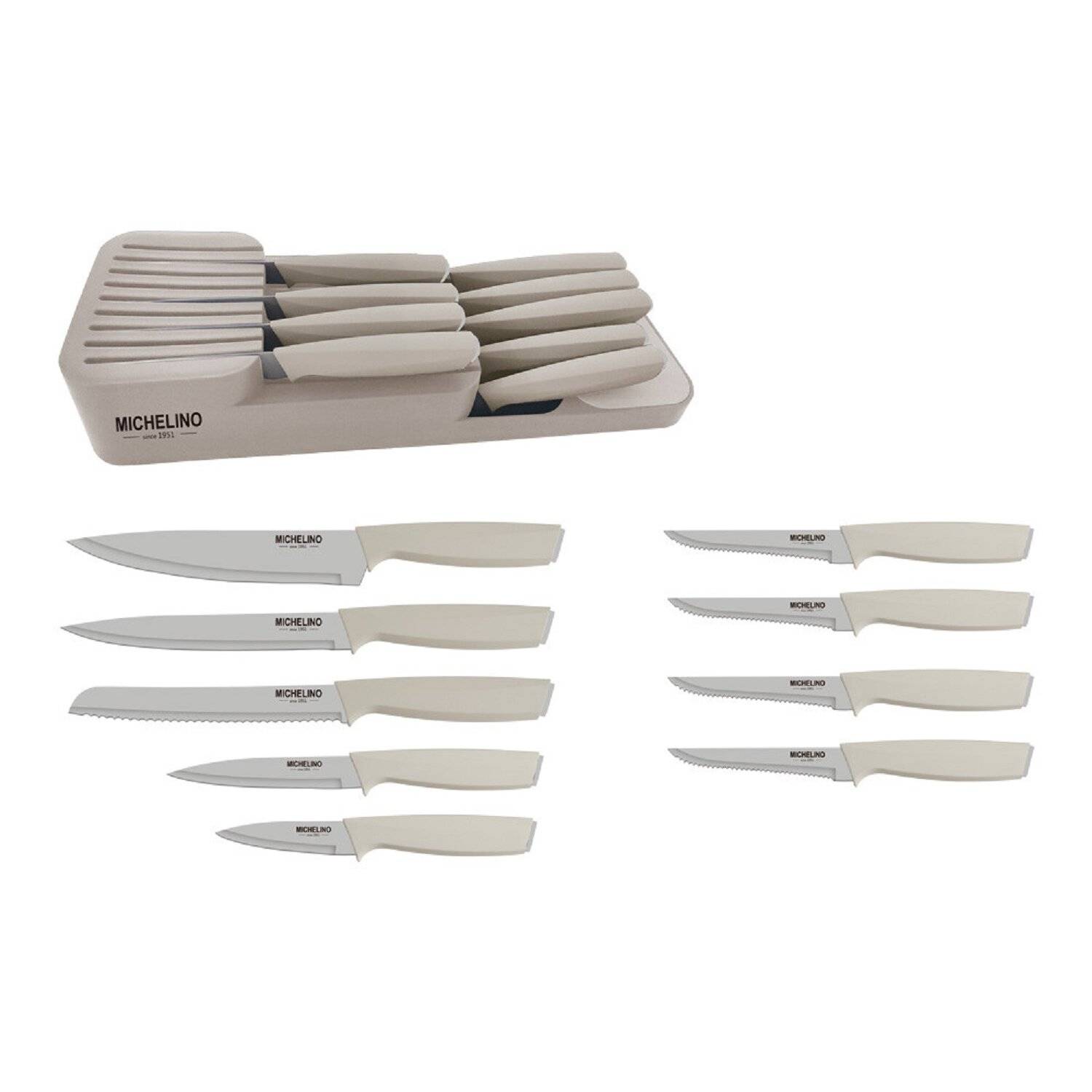MICHELINO Praktisches 10-teiliges Messerorganizer-Set: Serie Alythia für geordnete Küchen Beige