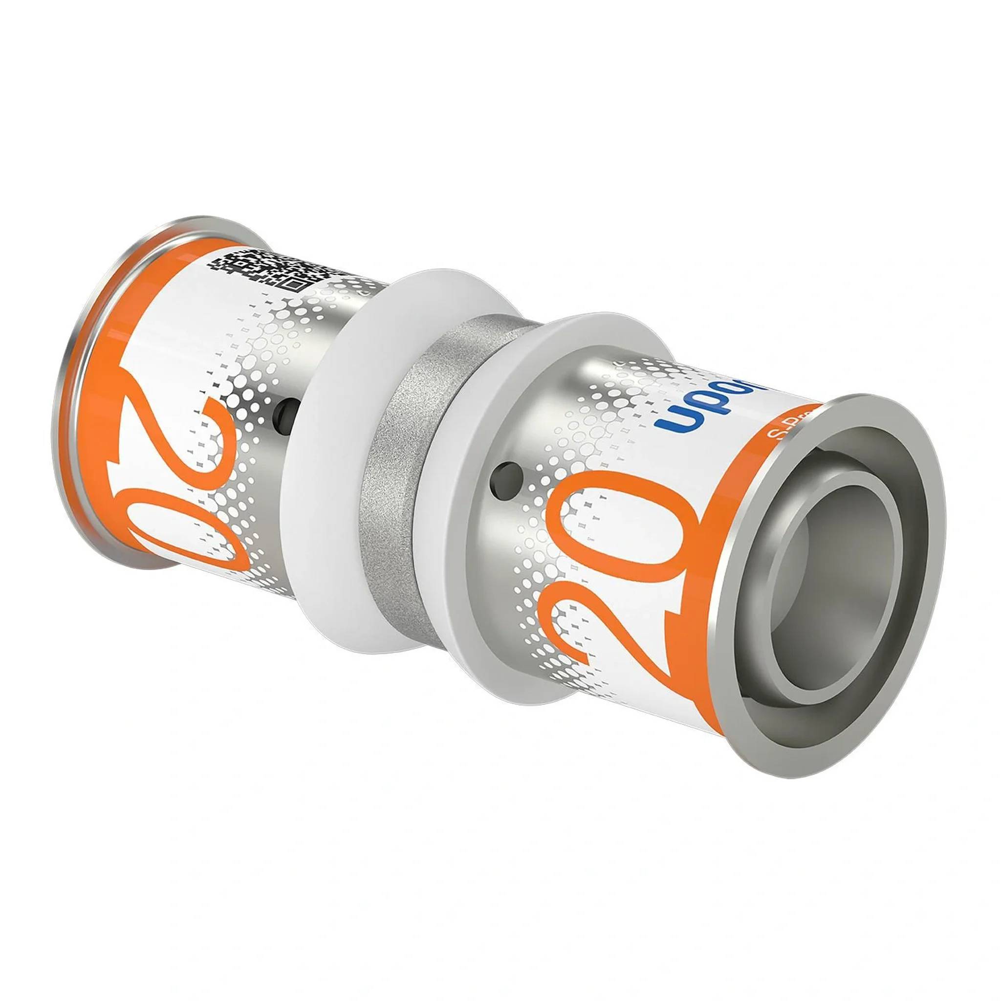 Silber- und orangefarbenes Rohrkupplungsverbindungsstück auf weißem Hintergrund, in 3D-Produktansicht dargestellt.