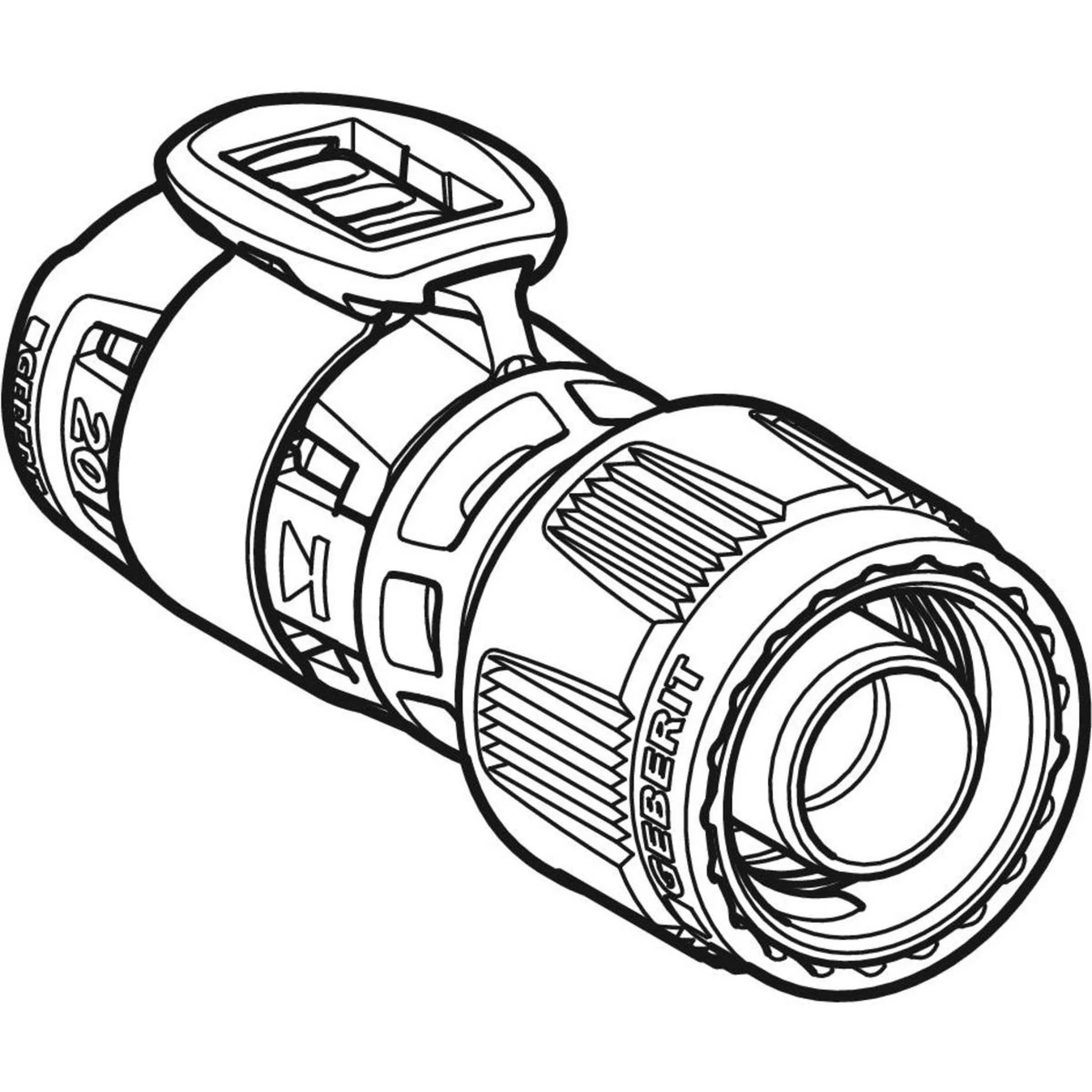 Schwarzweiss-Strichzeichnung einer zylindrischen ZEBRIT-Taschenlampe oder eines Gerätekomponents mit gerilltem Griff und offener Frontlinse, in Perspektive dargestellt.