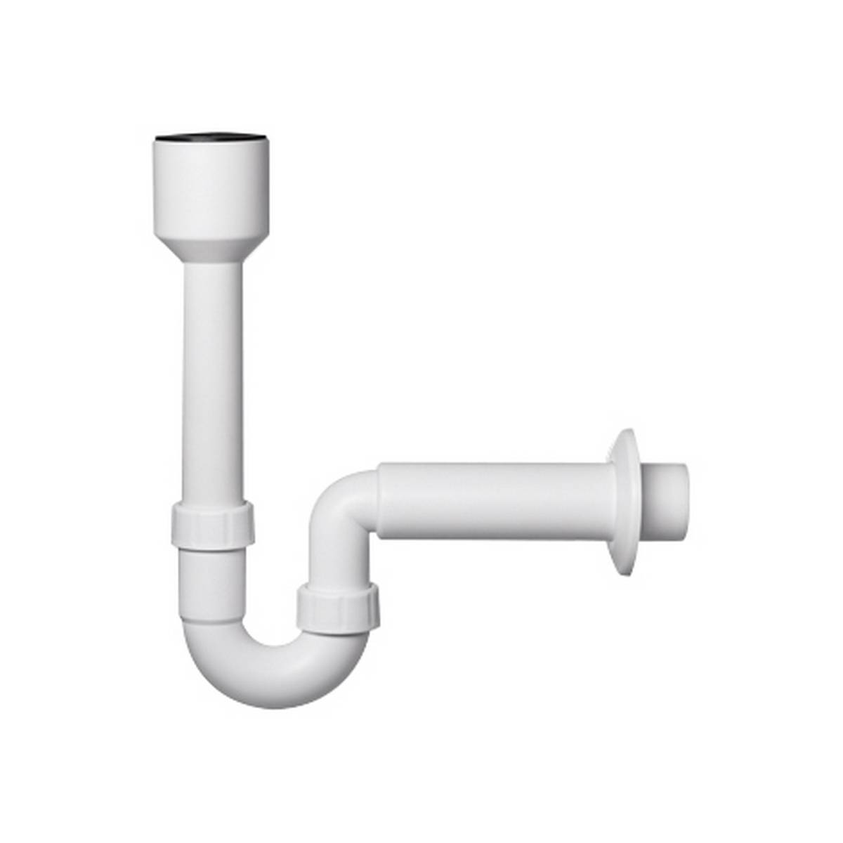Weißes Kunststoff-Siphon für Waschbecken mit vertikalem Rohr und horizontalem Anschluss vor neutralem Hintergrund.