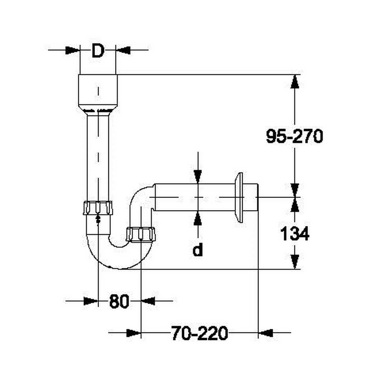 Rohrleitungssiphon-Diagramm mit Rohrabmessungen mit den Bezeichnungen D, d, 80, 70-220, 134 und 95-270.
