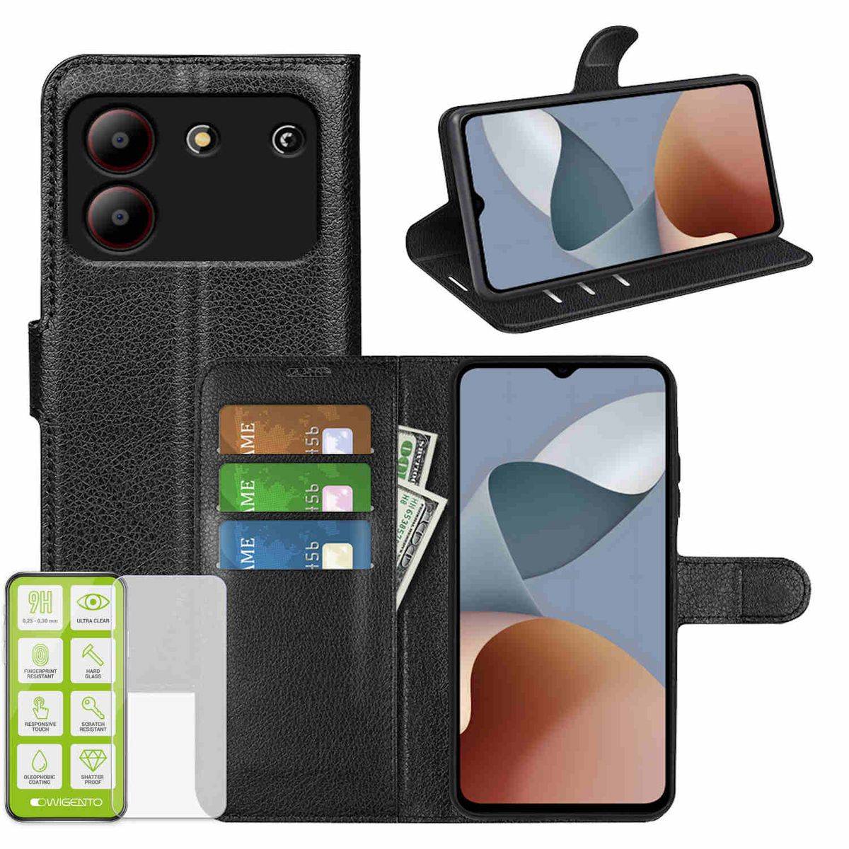 Für ZTE Blade A54 Book Wallet Handy Tasche Case Schwarz + H9 Hart Glas