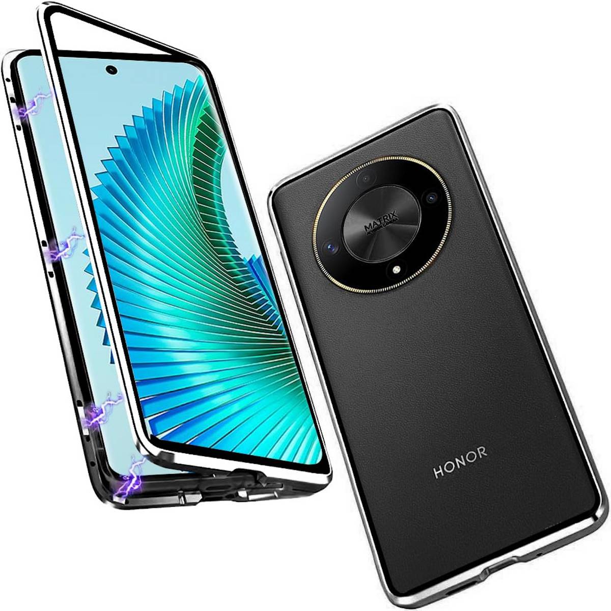 Für Honor Magic 6 Lite Beidseitiger 360 Grad Magnet Glas Hülle Handy Tasche Bumper Silber