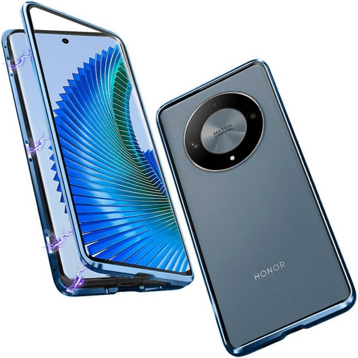 Für Honor Magic 6 Lite Beidseitiger 360 Grad Magnet Glas Hülle Handy Tasche Bumper Blau