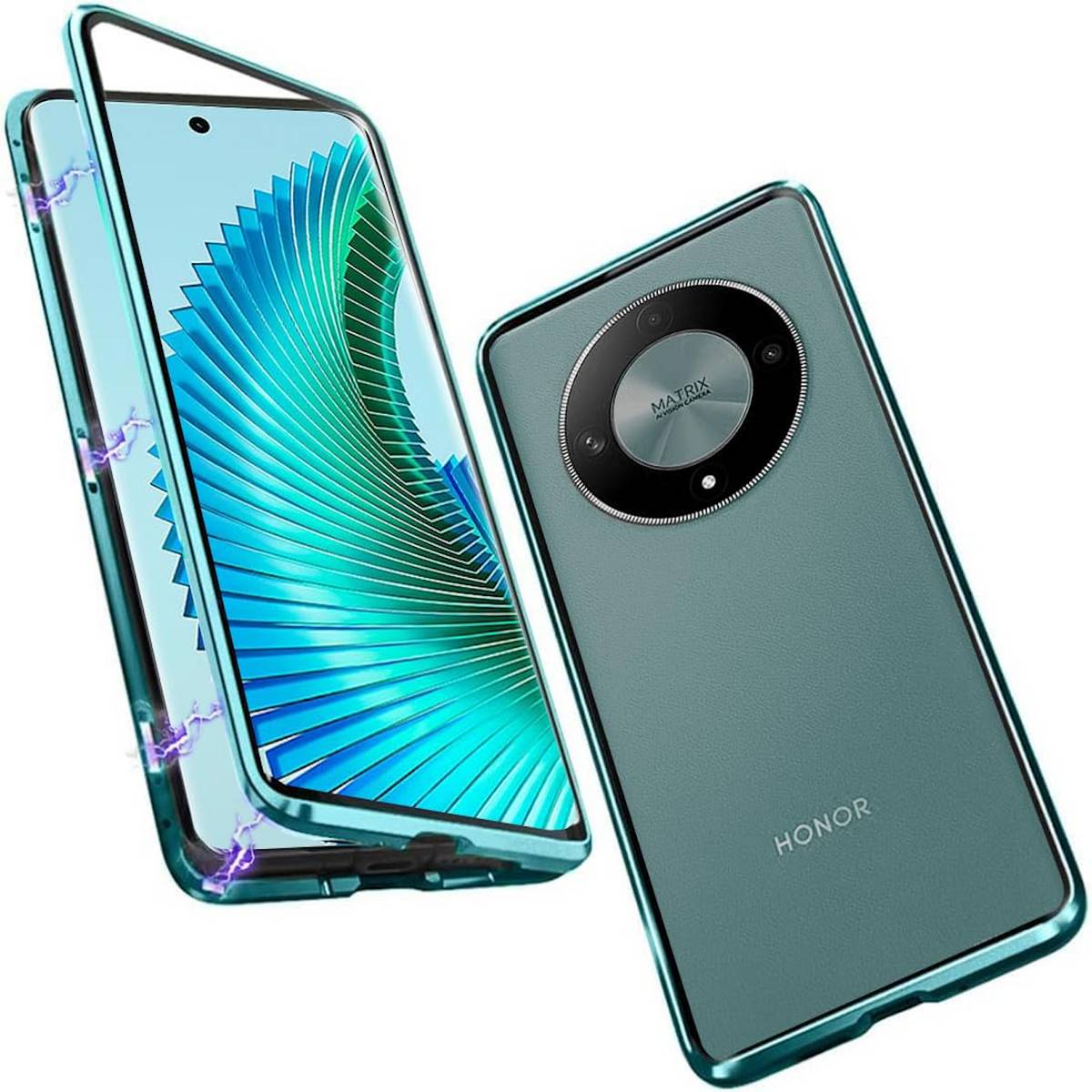Für Honor Magic 6 Lite Beidseitiger 360 Grad Magnet Glas Hülle Handy Tasche Bumper Grün