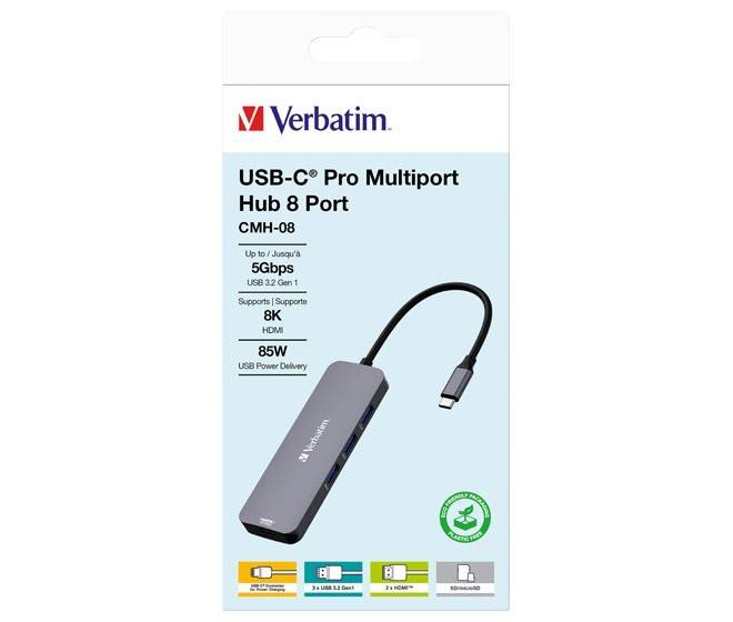 Verbatim USB-C Pro 8-Port-Multiport-Hub-Paket mit 5Gbps USB 3.2 Gen 1, 8K HDMI und 85W USB-Stromversorgung.