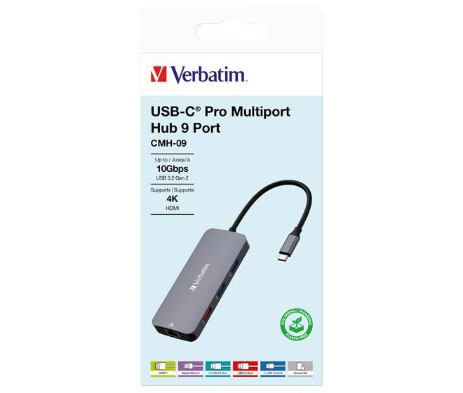 Verbatim USB-C Pro Multiport Hub 9 Port CMH-09 Verpackung mit 10Gbps USB 3.2 Gen 2 und 4K HDMI-Unterstützung mit dem abgebildeten Hub.