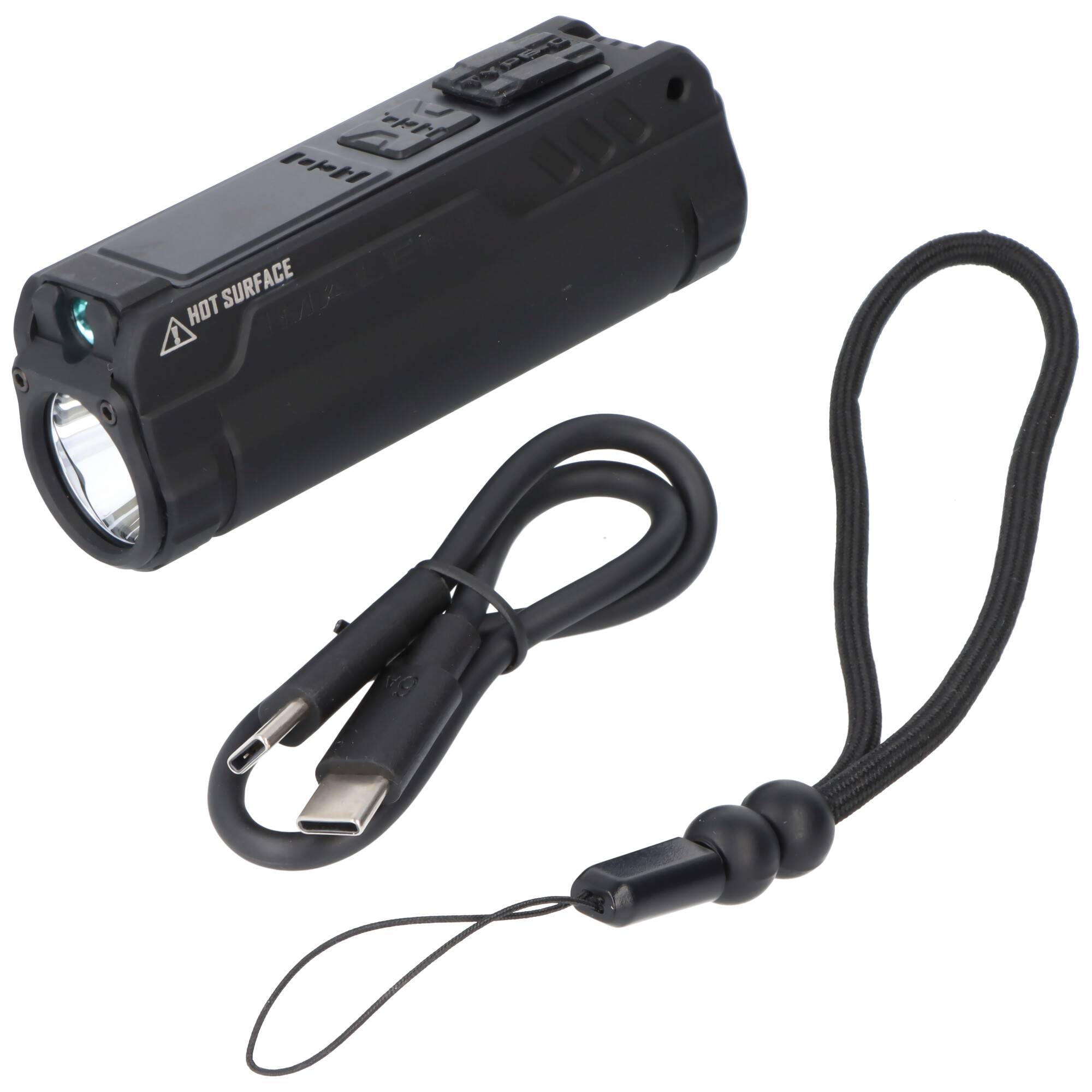 Schwarze wiederaufladbare Taschenlampe mit USB-C-Ladekabel und Handgelenkschlaufe, gezeigt als Produktset auf weißem Hintergrund.