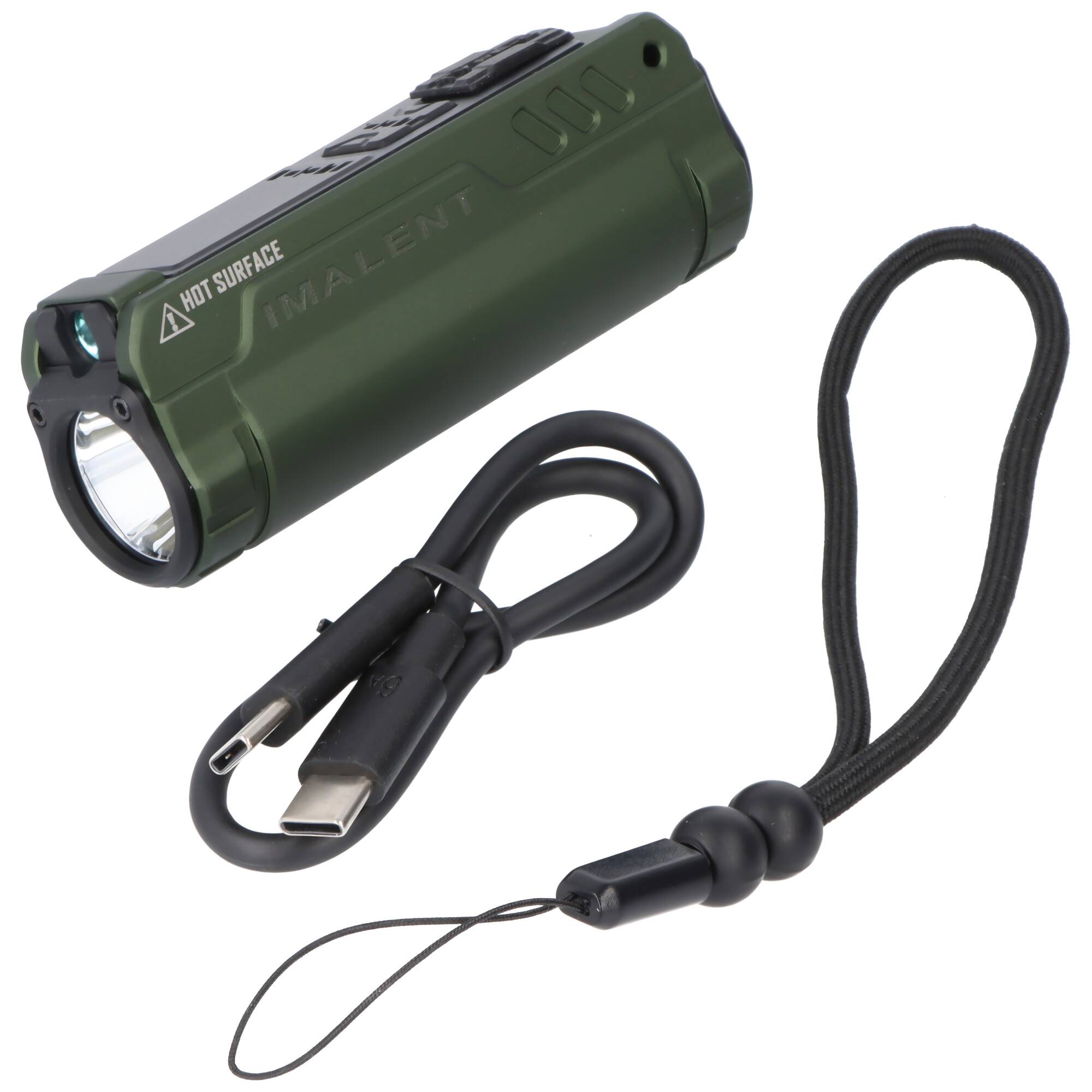 Grüne tragbare Taschenlampe mit USB-Ladekabel und Handgelenkschlaufe auf weißem Hintergrund.