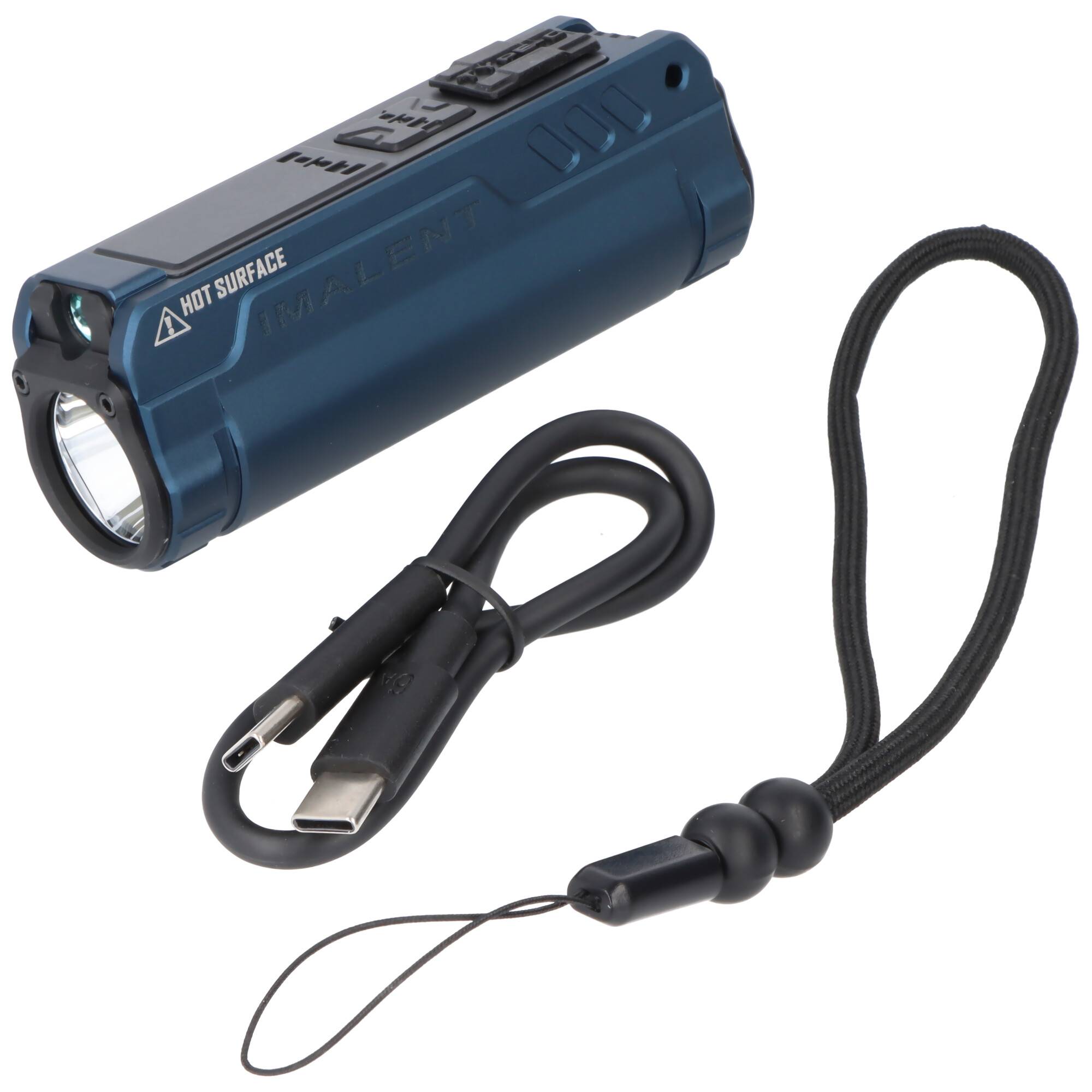 Blauhandgehaltene Taschenlampe mit Handgelenkschlaufe und USB-Ladekabel auf weißem Hintergrund, beschriftet mit „HEISSE OBERFLÄCHE