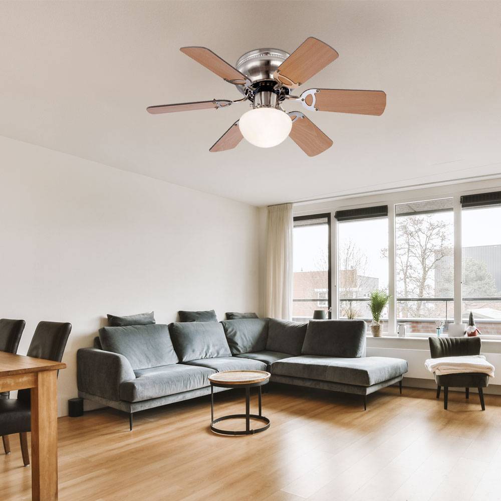 Deckenventilator mit Beleuchtung Deckenlampe Ventilator Wohnzimmer, Vor-Rücklauf 3 Stufen, wechselbare Flügel graphit buche, 1x E27, DxH 76x28 cm
