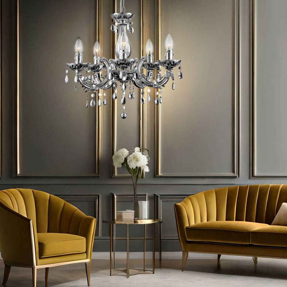 Kronleuchter Kristall Hängeleuchte 5-flammig Pendelleuchte Wohnzimmer, Chrom Acryldekor, 5x E14, DxH 44x128 cm