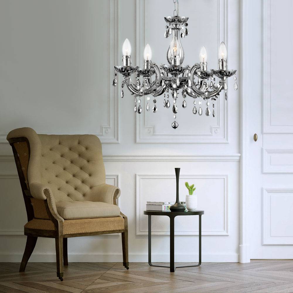 Kronleuchter Kristall Hängeleuchte 5-flammig Pendelleuchte Wohnzimmer, Chrom Acryldekor, 5x E14, DxH 44x128 cm