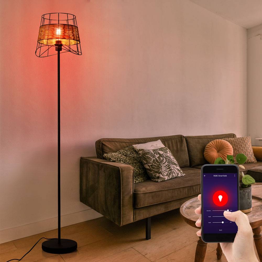 Stehlampe Stehleuchte Standleuchte Beistelllampe, App- und Sprachsteuerung dimmbar CCT Timer Farbwechsler, Boho Rattanoptik beige, LED 15W 1300Lm