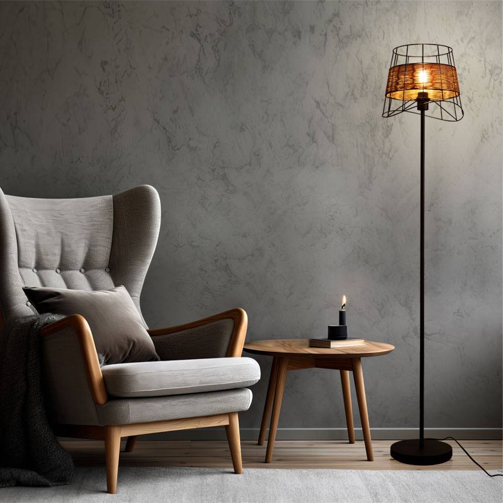 Stehlampe Stehleuchte Standleuchte Beistelllampe Wohnzimmerleuchte Schlafzimmerlampe, Boho Rattanoptik Gitteroptik beige, 1x E27 Fassung, LxBxH