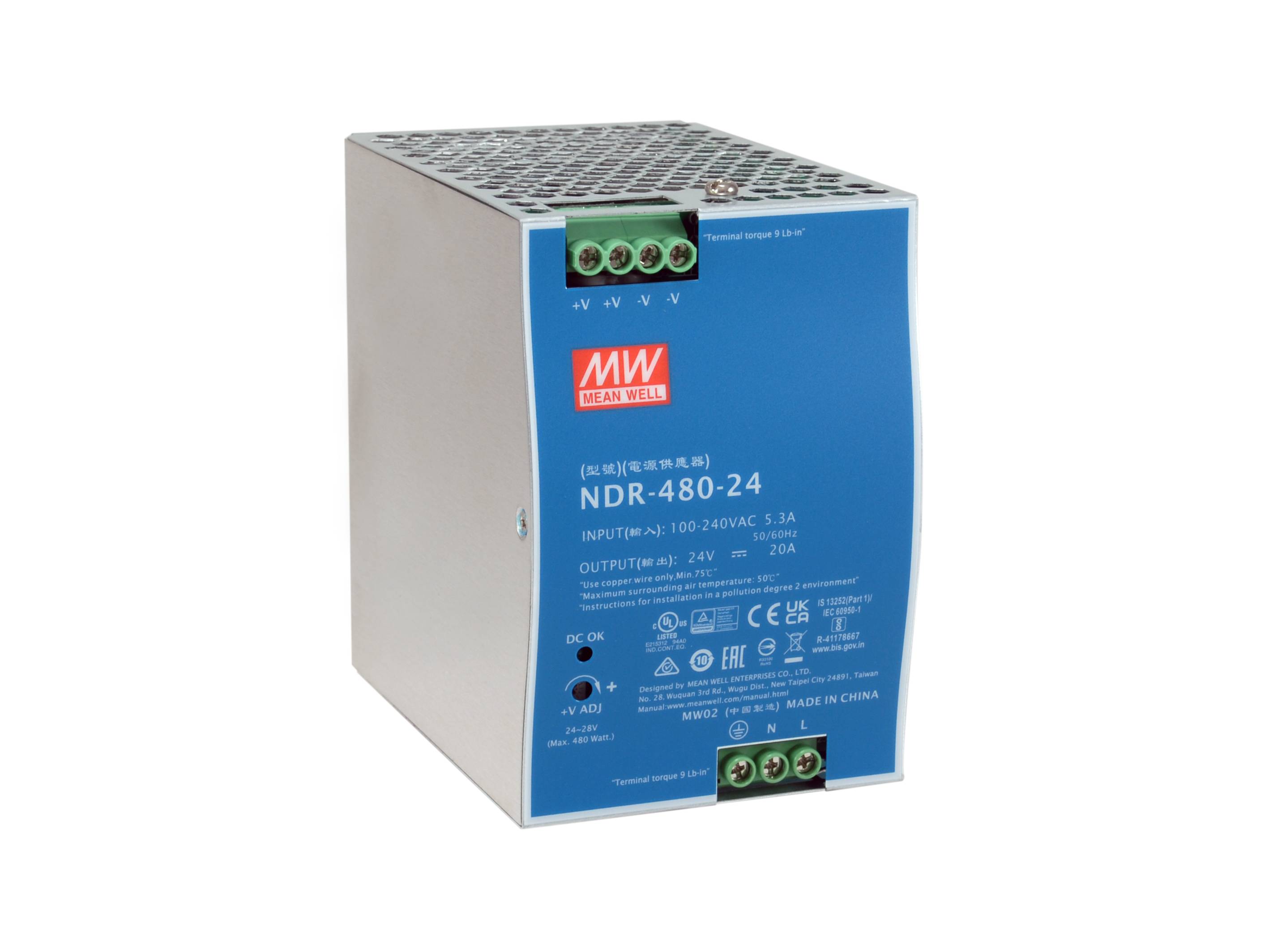 Mean Well NDR-480-24 DIN-Schienen-Stromversorgungsgerät mit blauem Frontpanel, Anschlussblöcken und gekennzeichneten Ein-/Ausgangsspezifikationen.