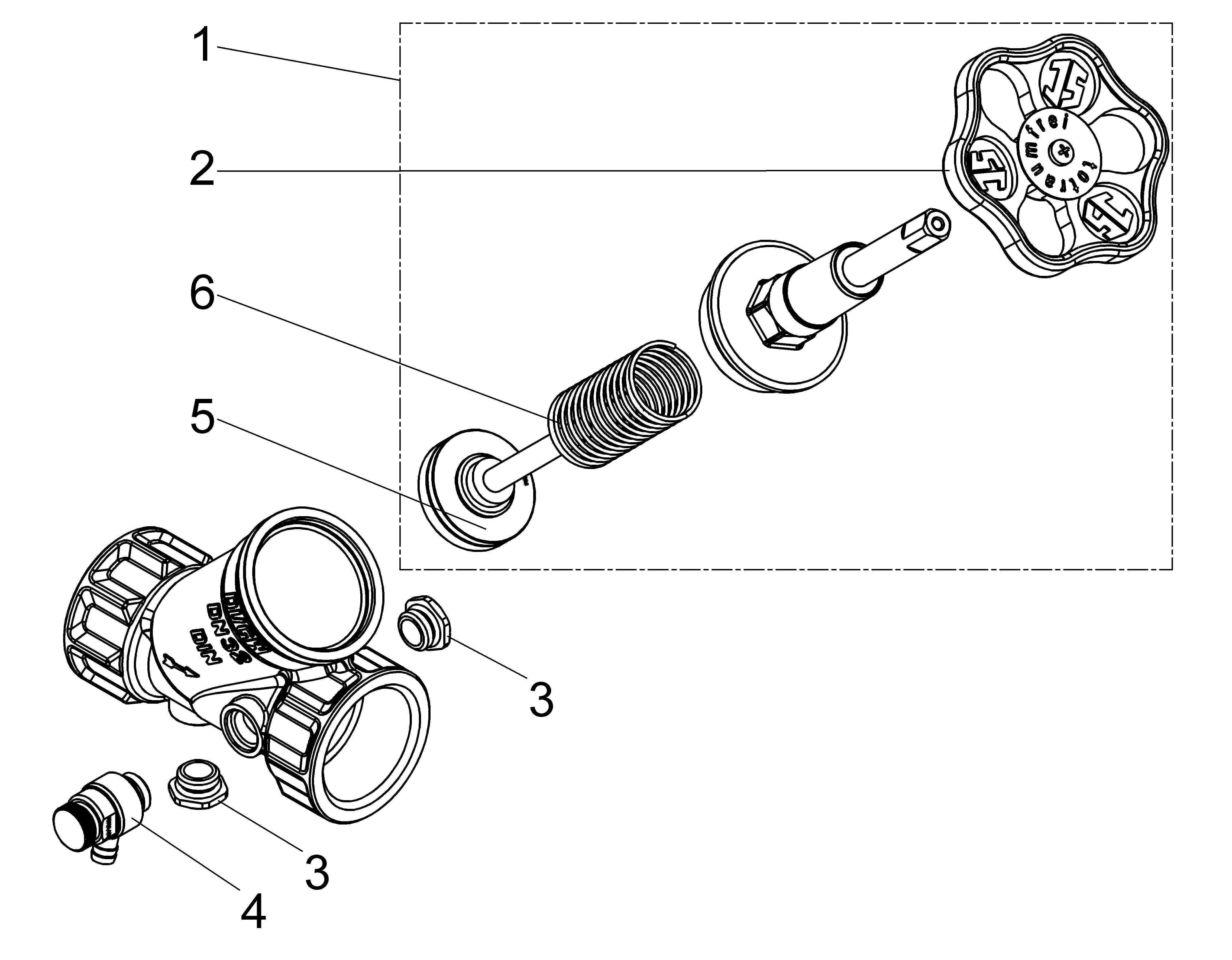 Explosionszeichnung einer mechanischen Ventilbaugruppe mit nummerierten Teilen 1-6, die den Ventilkörper, die Gewindeachse, die Feder, die Dichtungen und das Handrad zeigen.