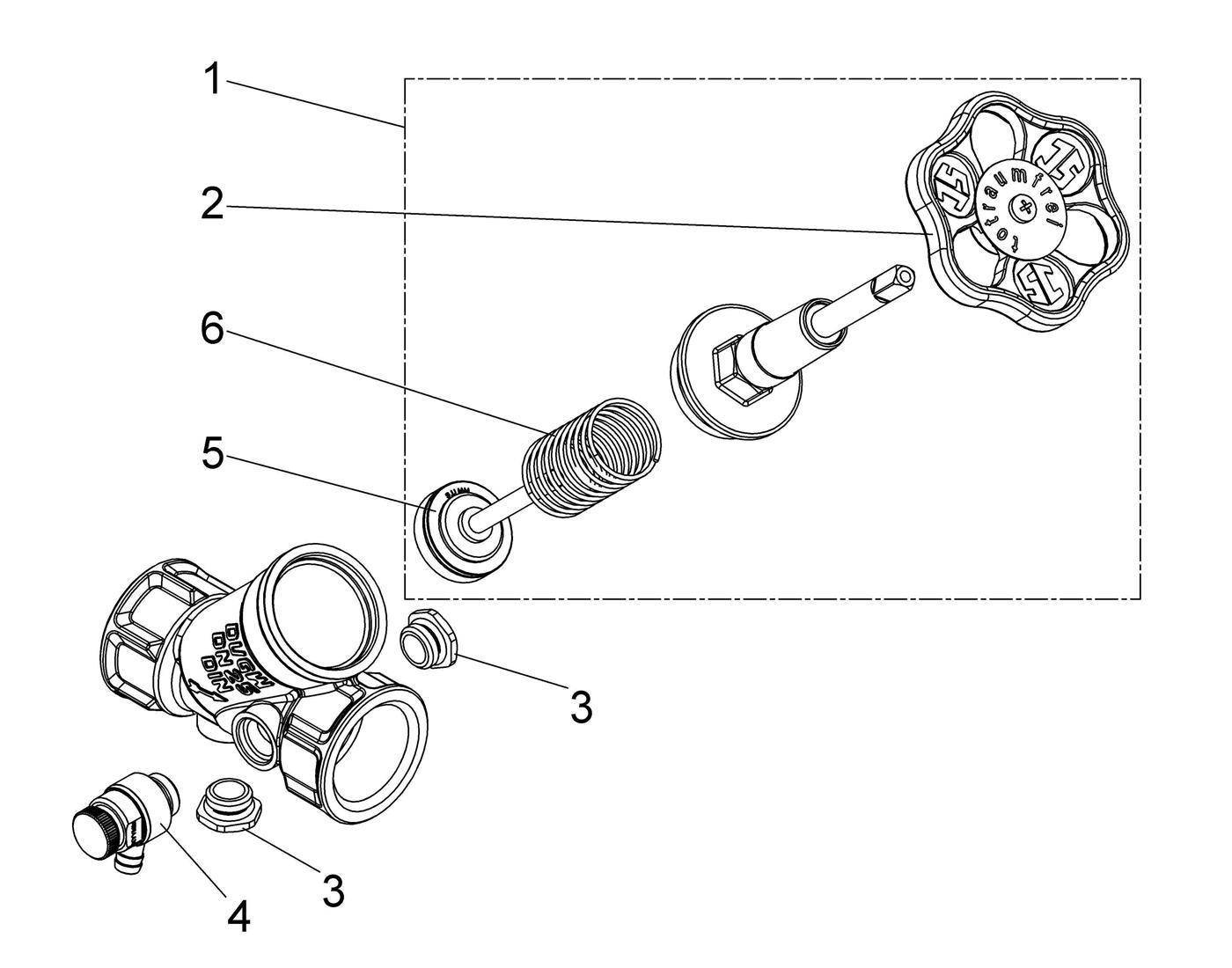 Explodierte technische Zeichnung einer Ventilbaugruppe mit nummerierten Teilen und deren Positionen, einschließlich eines Handrades, einer Spindel, einer Feder, Dichtungen und Verschraubungen.