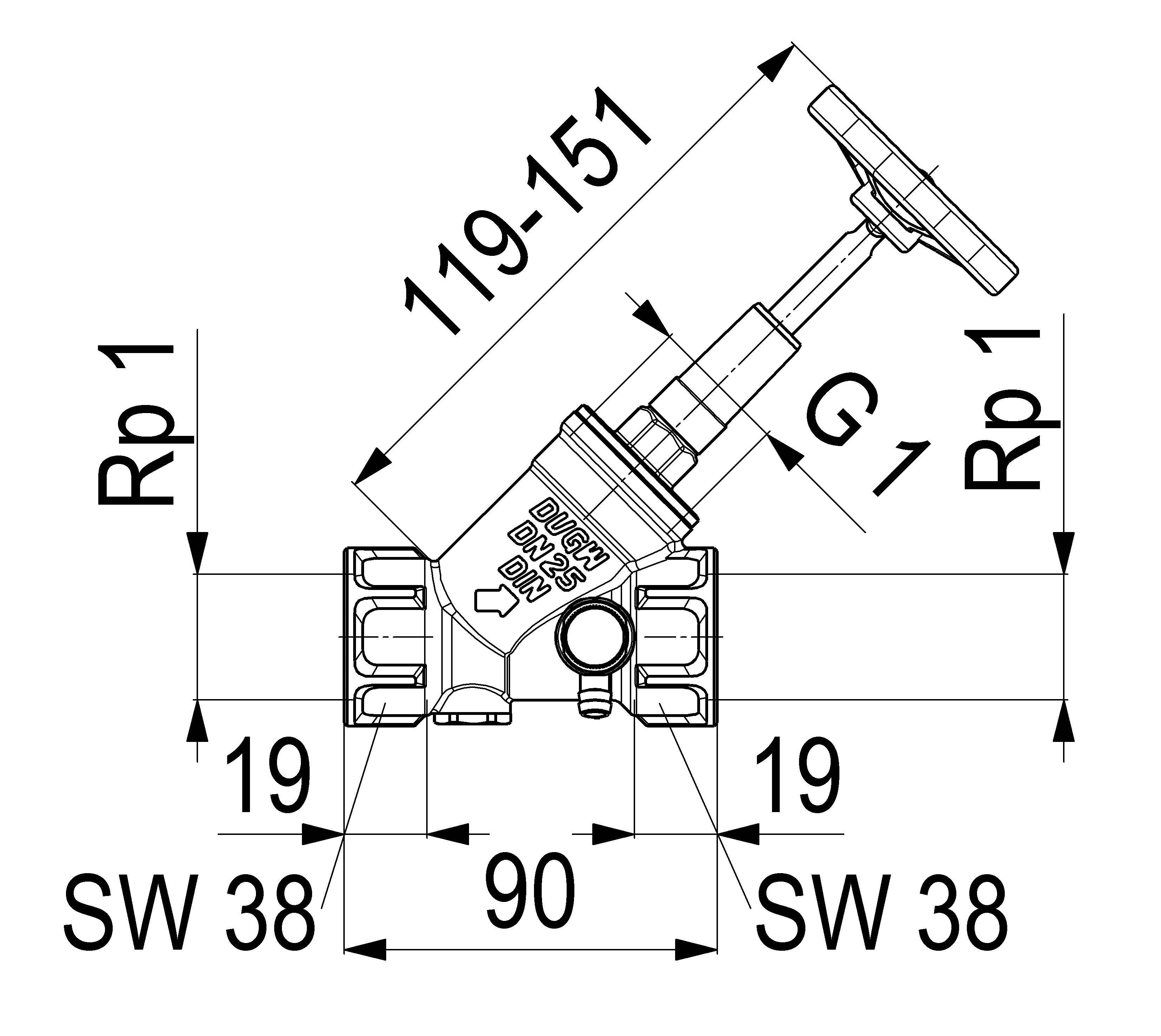 Technische Zeichnung eines Ventils mit abgewinkeltem Griff, mit Abmessungen und Rohranschlüssen gekennzeichnet mit Rp1, G1, SW 38, 19, 90 und 119.157.