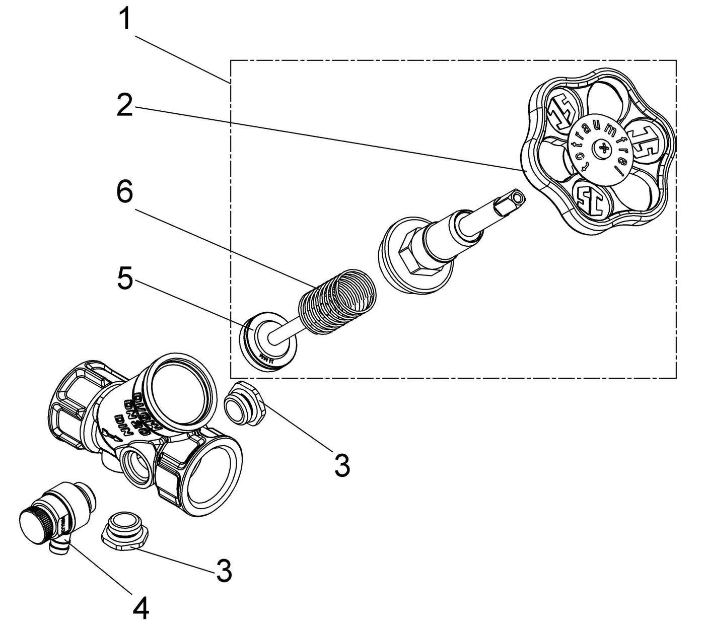 Explodierte technische Zeichnung einer Ventilbaugruppe mit nummerierten Teilen, die den Griff, Schaft, Gewindeabschnitt, Unterlegscheiben und Gehäusekomponenten zeigen.