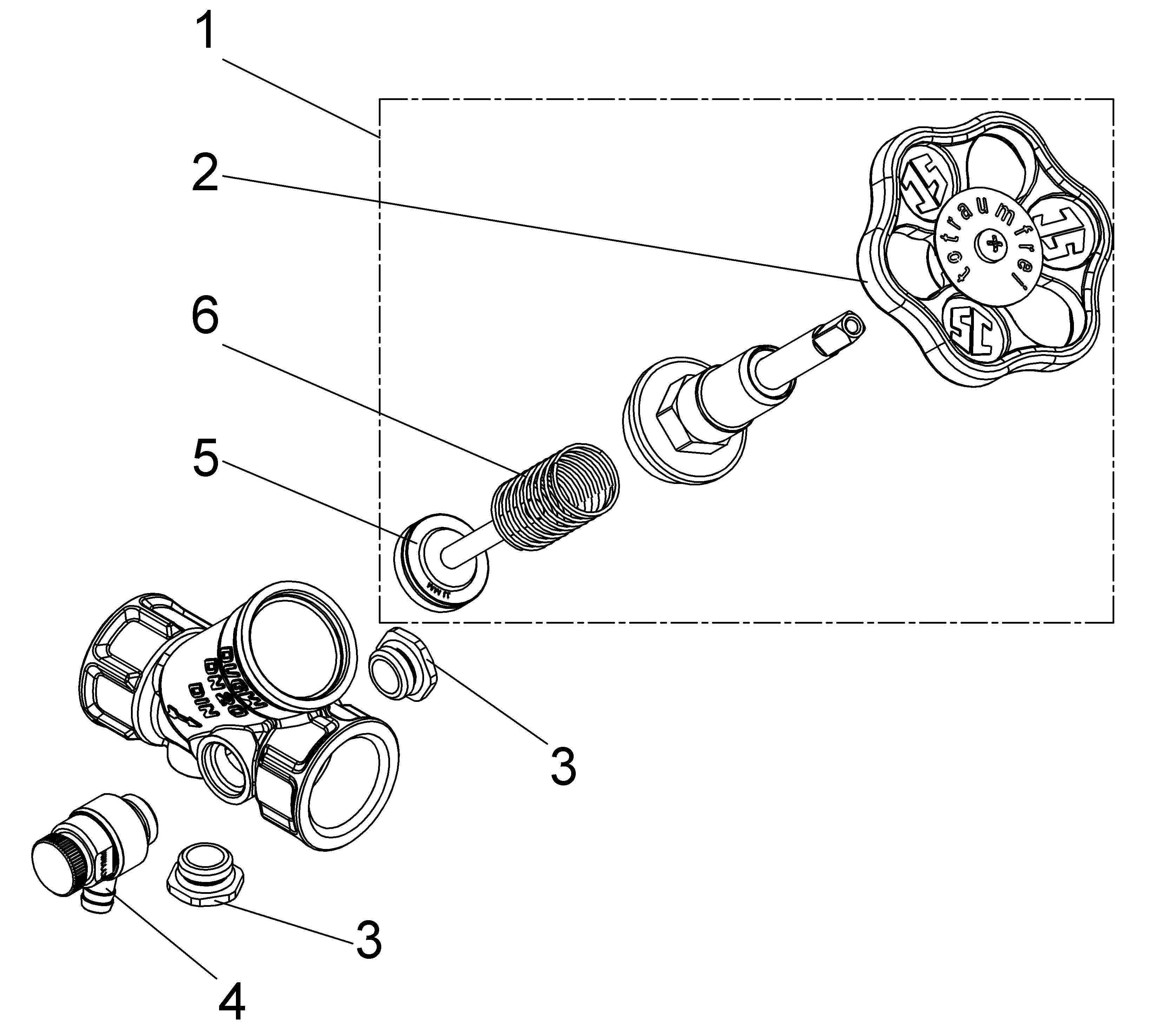 Explodierte technische Zeichnung einer Ventilbaugruppe, die nummerierte Teile zeigt, die getrennt angeordnet sind, um anzugeben, wie Griff, Schaft, Feder und Armaturen zusammenpassen.