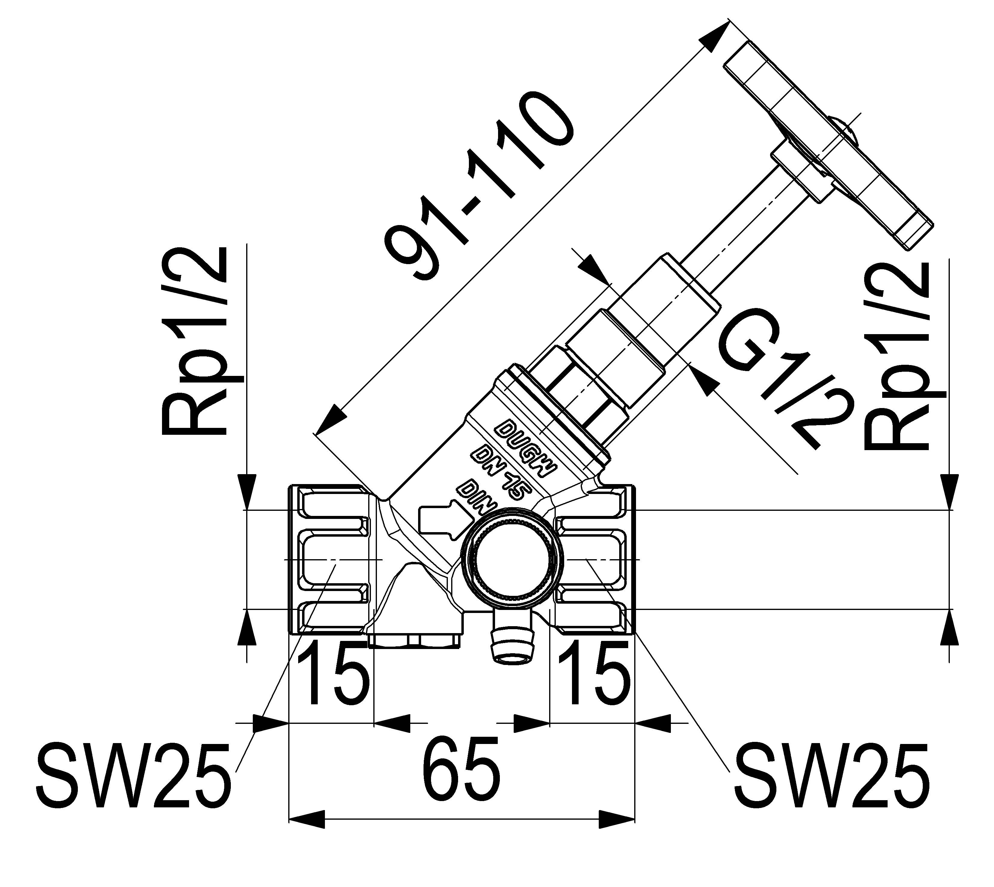 Technische Maßzeichnung eines Y-Siebventils mit beschrifteten Gewinderohrverbindungen Rp1/2 und G1/2, Größe 65 mm, und Abmessungen 15, 25 und 91-110 mm.