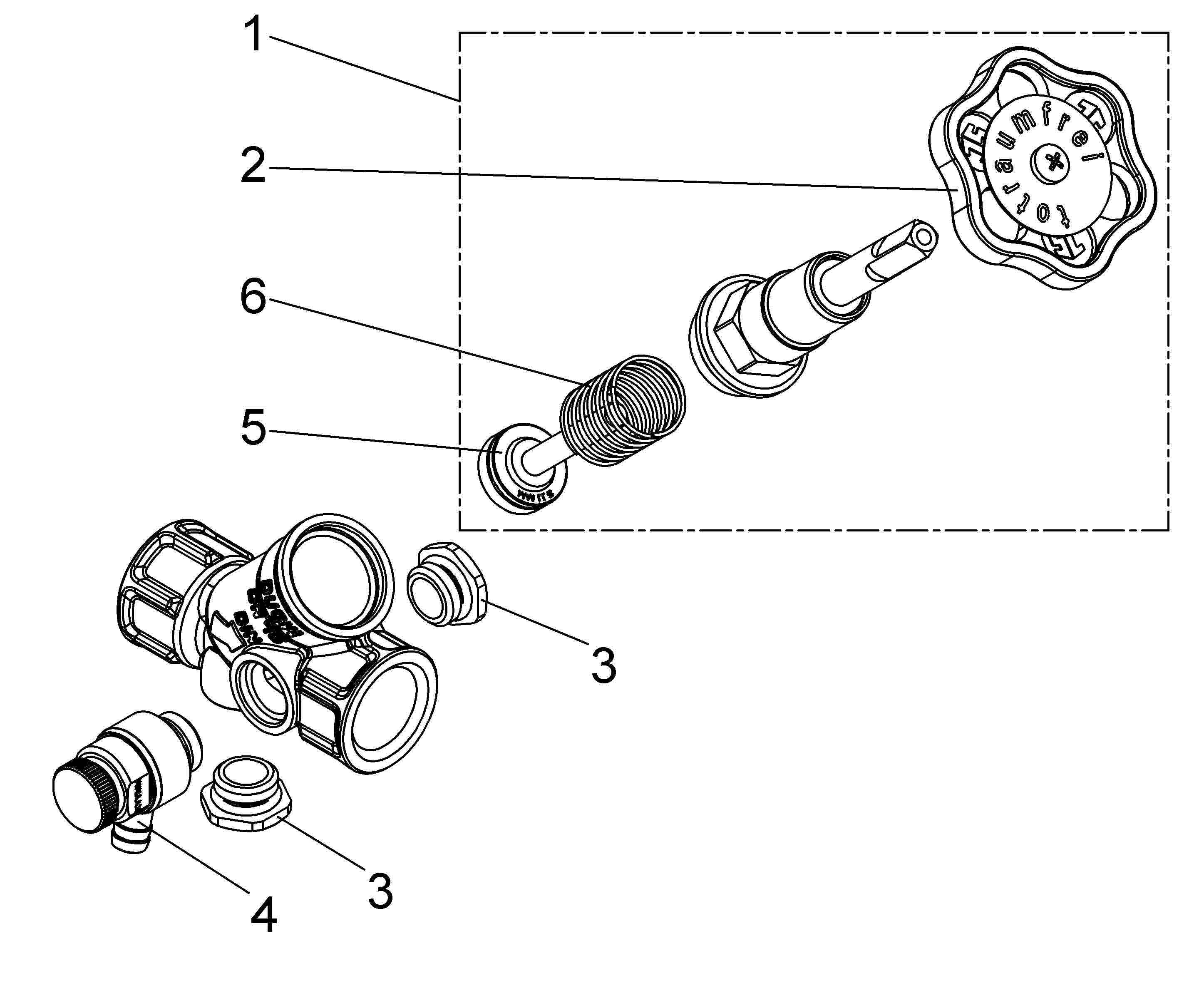 Explodierte technische Zeichnung einer Ventilbaugruppe, die nummerierte Teile 1-6 zeigt und wie Kappe, Schaft, Feder und Armaturen zusammenpassen.