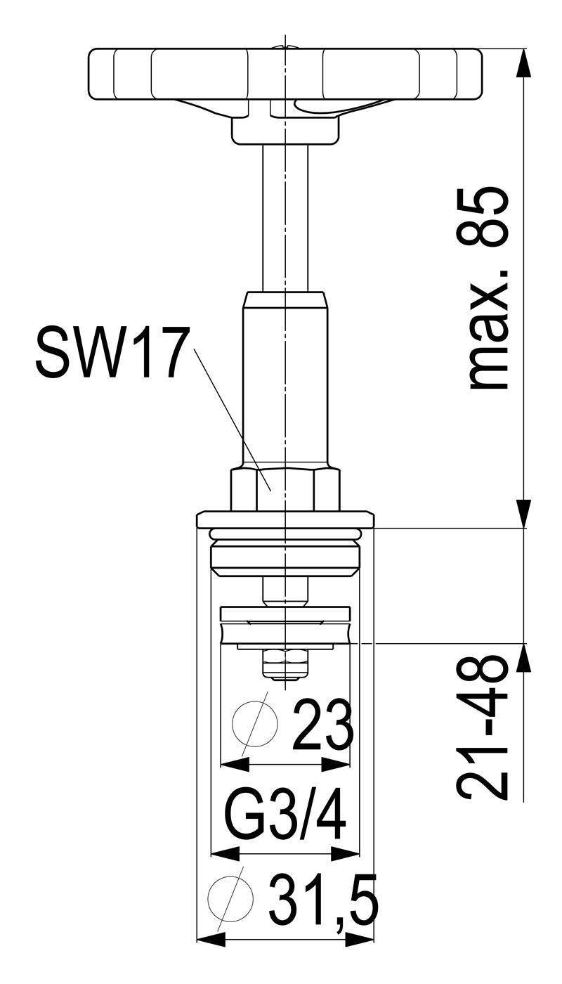Technische Zeichnung eines Ventils/einer Fitting mit Abmessungen: SW17 Schraubenschlüsselweite, max. 85 Höhe, 21,48 Baunachhöhe, G3/4 Gewinde, 23 und 31,5 Durchmesser.