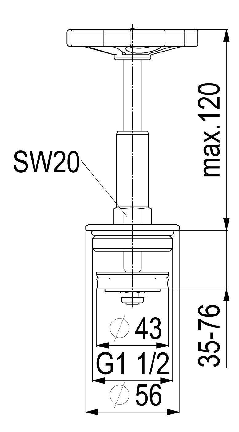 Technische Zeichnung einer Ventilbaugruppe mit Abmessungen: maximale Höhe 120, Baukörperhöhe 35–76, Anschluss G1 1/2, Durchmesser 43 und 56, Schraubenschlüsselgröße SW20.