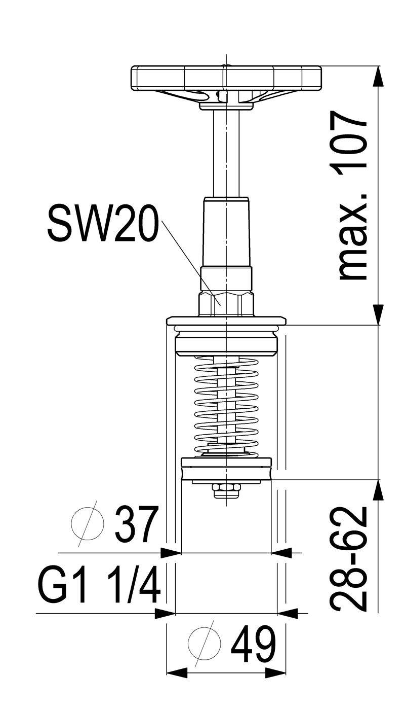 Technische Zeichnung einer Ventilbaugruppe mit Abmessungen: SW20, G1 1/4 Anschluss, 37 mm, 49 mm, 28-62 mm verstellbare Höhe und max. 107 mm Gesamthöhe.