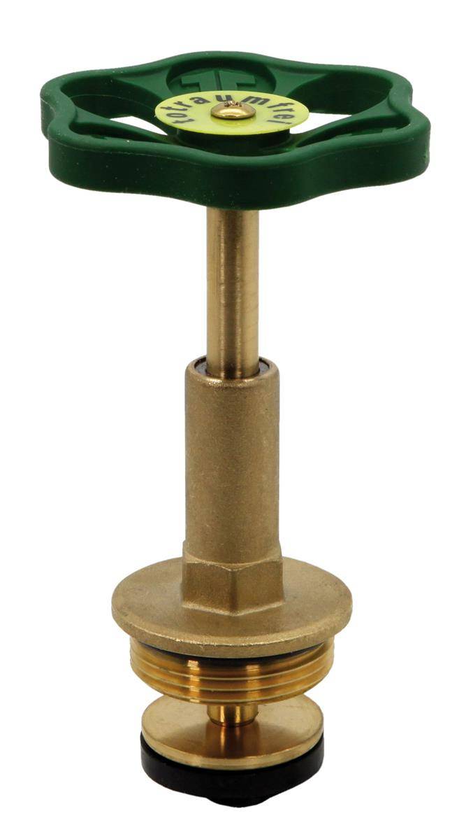 Messingarmatur-Ventilstangenversammlung mit einem grünen Handradgriff auf weißem Hintergrund.
