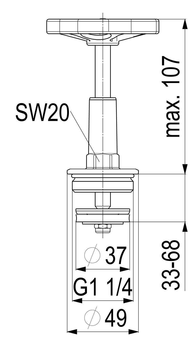 Technische Maßzeichnung eines Ventils oder einer Armatur mit der Bezeichnung SW20, G1 1/4, max. 107, mit Durchmessern 37 und 49 und Höhenbereich 33–68.