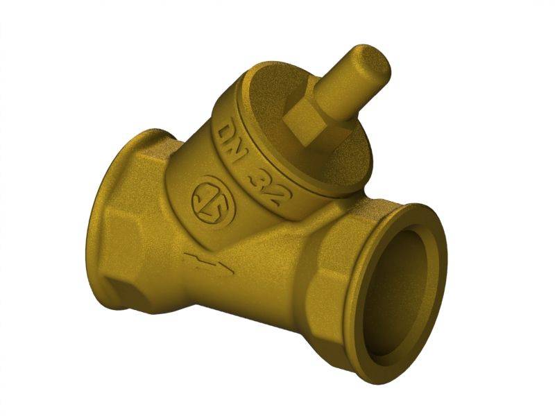 Goldmetallventil mit abgewinkeltem oberen Schaft und Flanschrohrverbindungen, dargestellt auf einfachem Hintergrund.