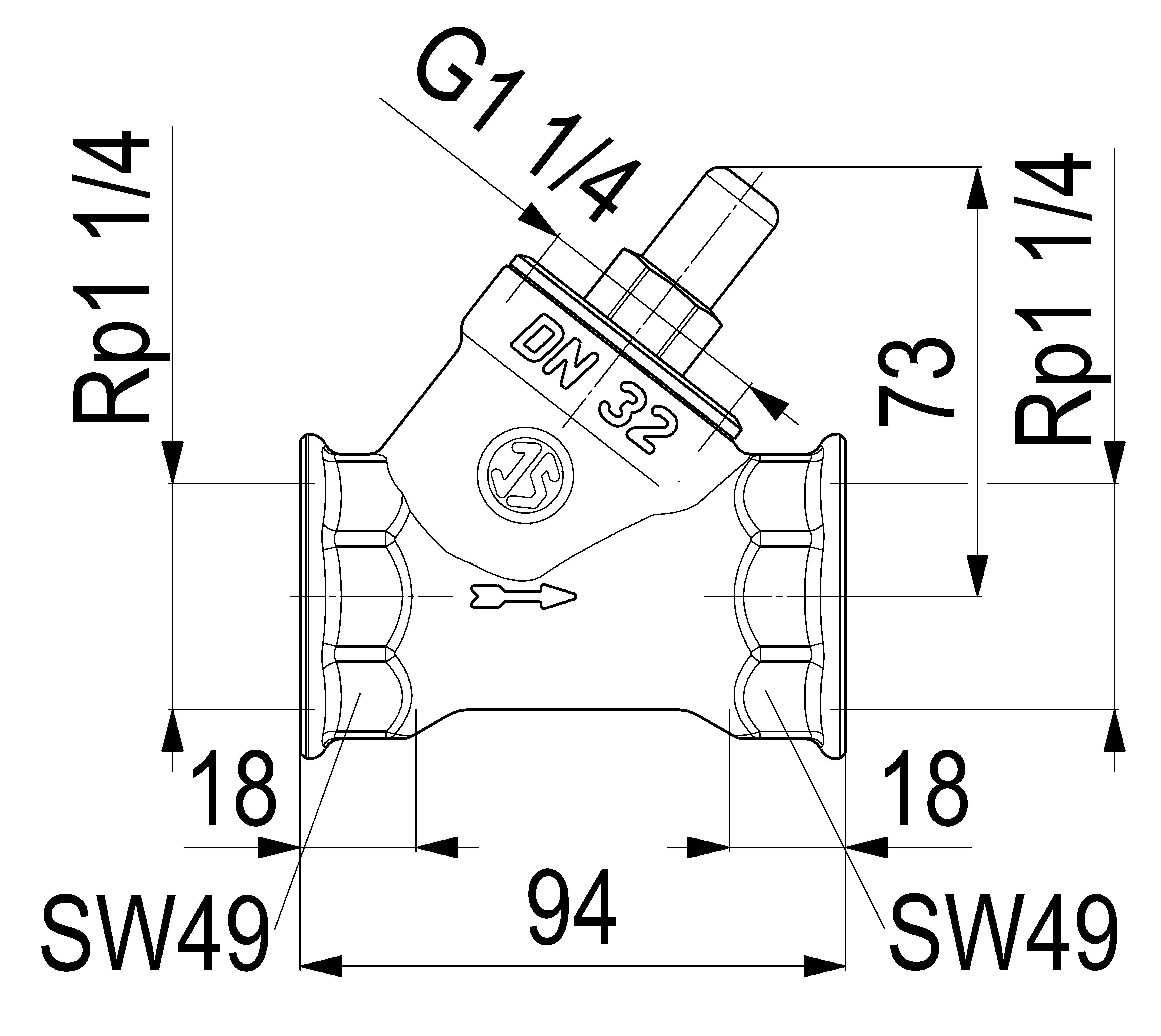 Technische Zeichnung eines DN 32 Ventils mit Abmessungen, zeigt Rp1 1/4 und G1 1/4 Gewindeverbindungen, 94 mm Breite, 73 mm Höhe und SW49 Enden.