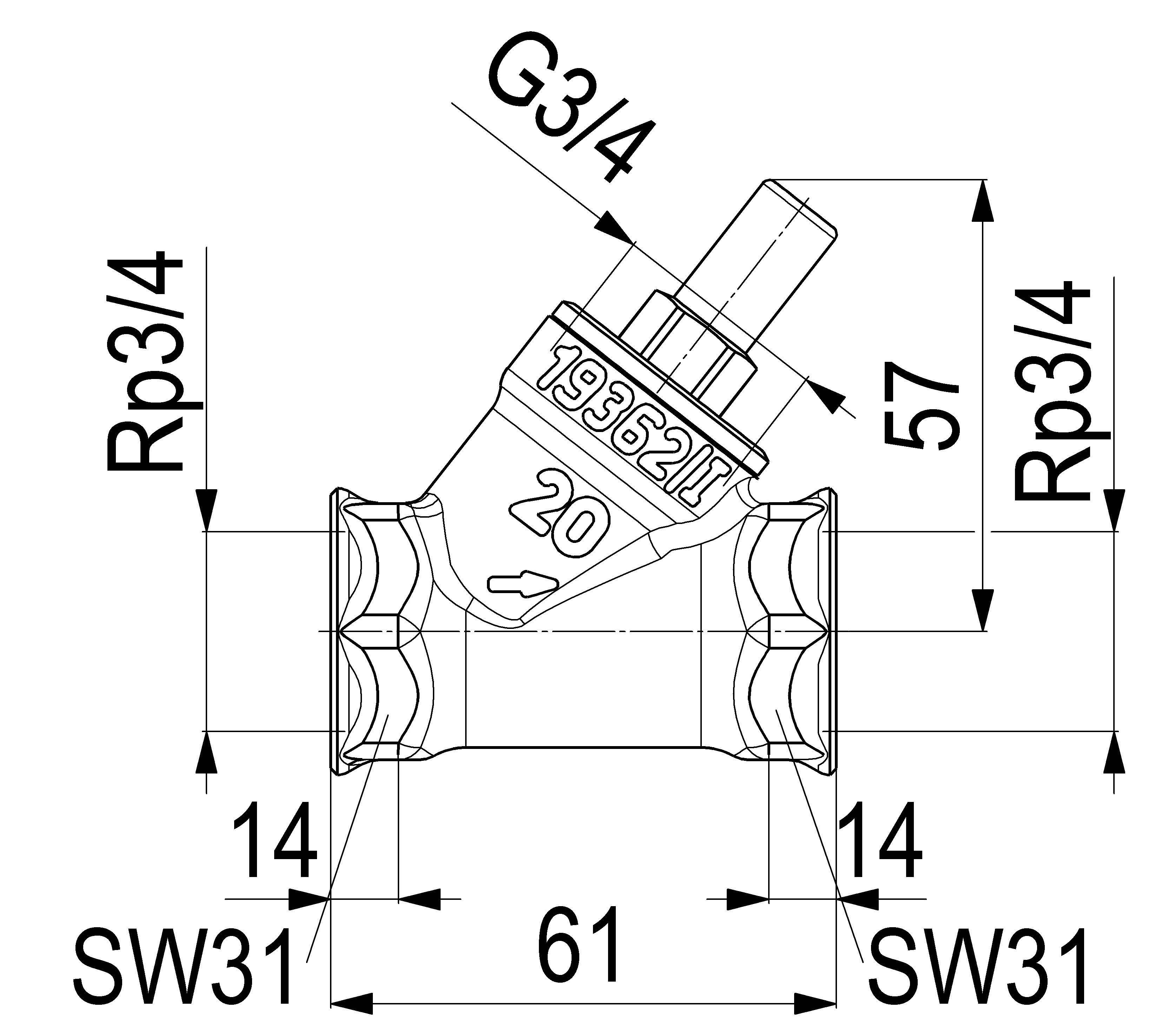 Technische Zeichnung eines Rohrhahns, die Gewinde-Anschlüsse Rp3/4 und G3/4, eine Höhe von 57 mm, eine Breite von 61 mm und 14 mm Enden zeigt.