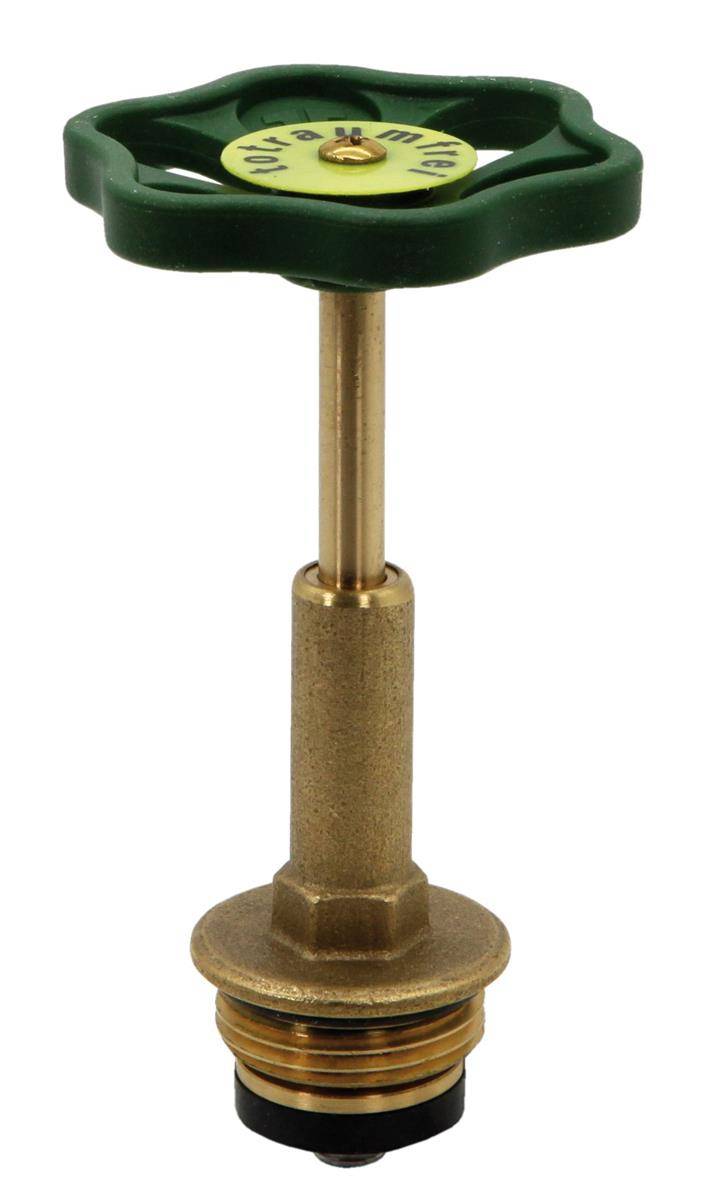 Messingventilstiel für Gartensprinkler mit grünem Handrad auf weißem Hintergrund