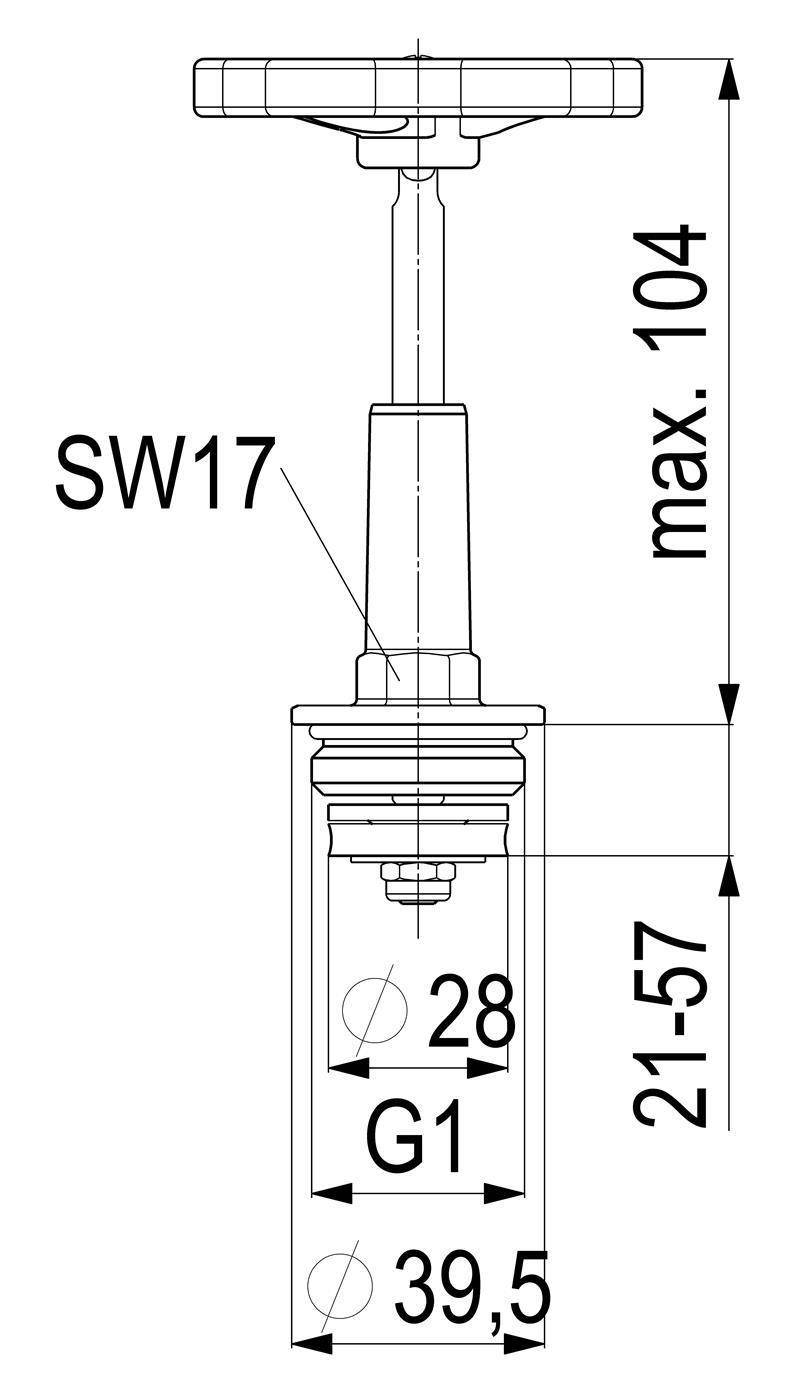 Technische Zeichnung eines Ventils oder einer Armatur mit Abmessungen: SW17, max. 104, 21-57, 28, G1 und 39,5.