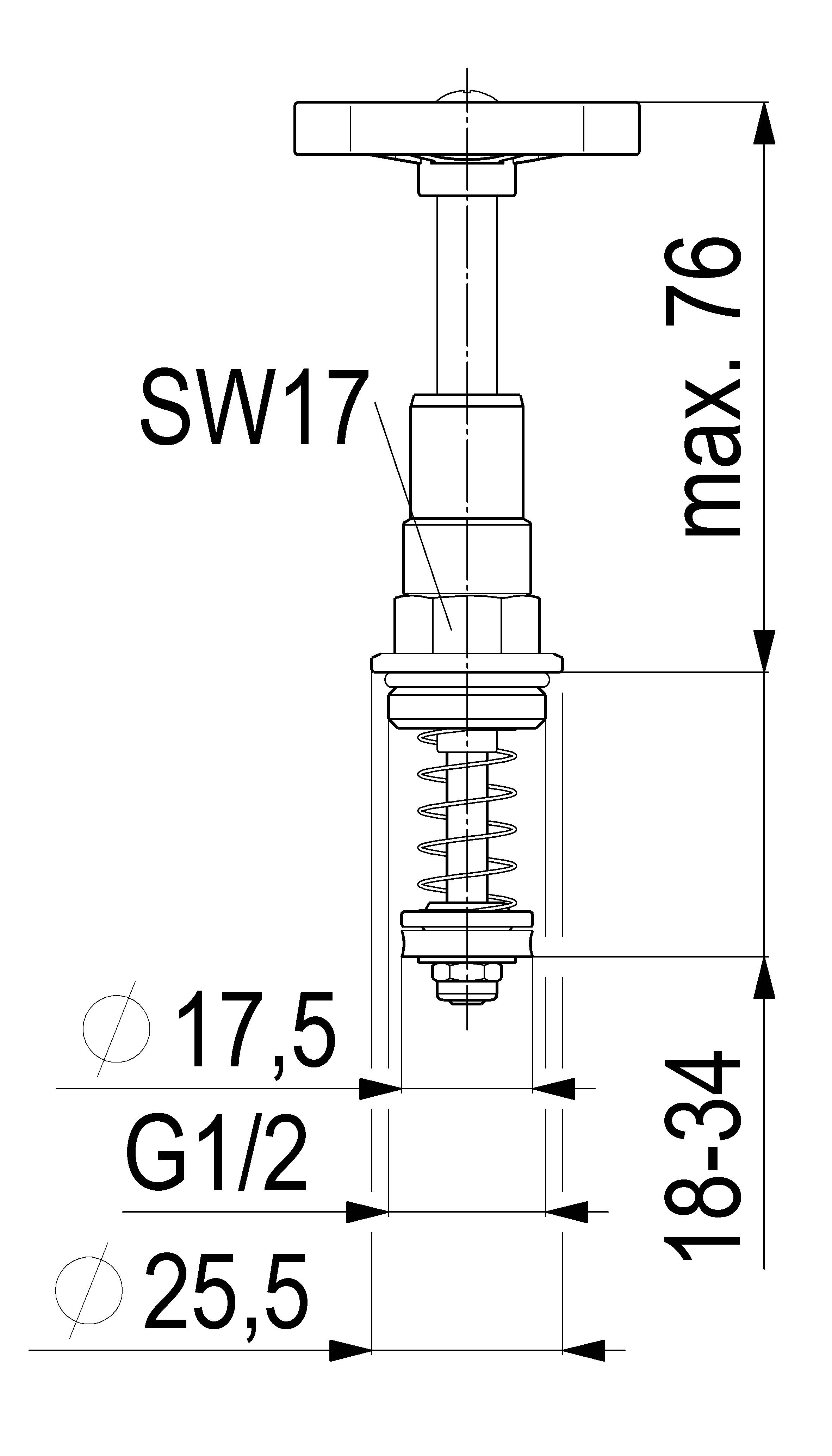 Technische Zeichnung eines Ventils oder einer Verschraubung mit Abmessungen und Gewindeabmessungen: SW17, max. 76, 18–34, G1/2, 17.5 und 25.5.