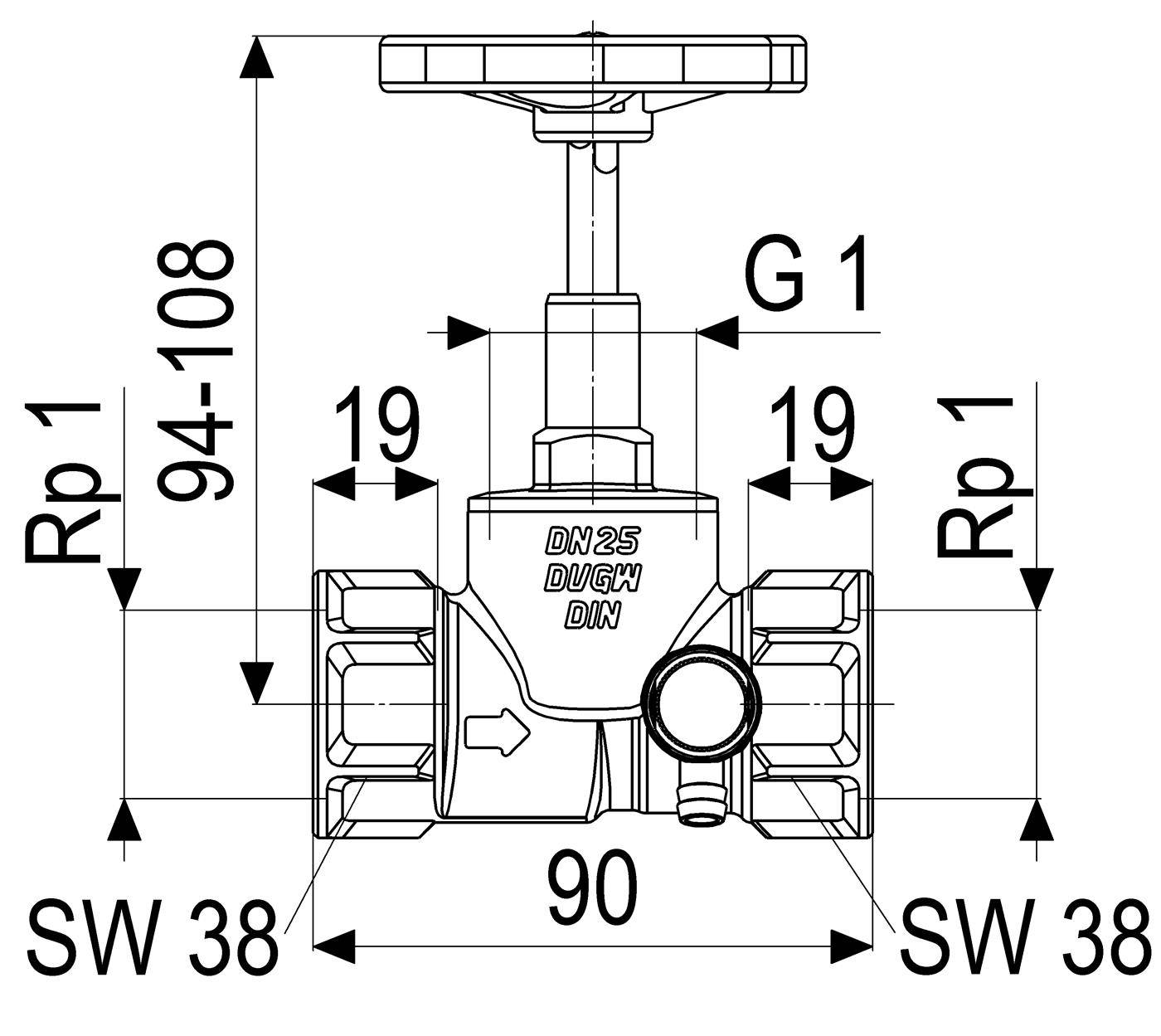 Technische Zeichnung eines DN25 DUGH DIN-Ventils mit Handrad, zeigt Anschlussgrößen Rp 1 und G 1, Gesamtbreite 90, SW 38 und Höhe 94–108 mm.