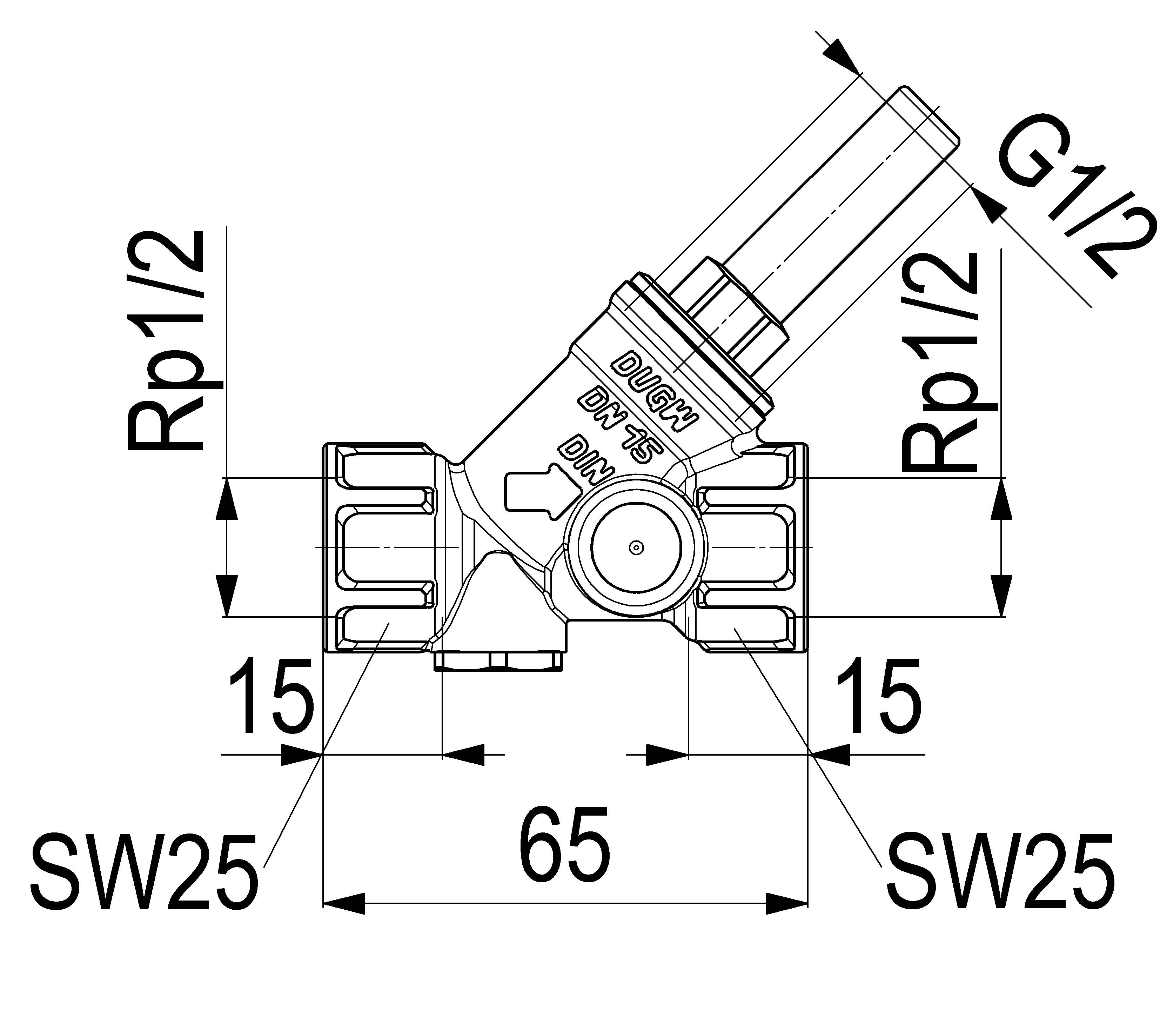 Technische Zeichnung einer Ventilarmatur mit beschrifteten Abmessungen und Gewinden: Rp1/2 an beiden Enden, G1/2 abgewinkelter Auslass, 65 mm Breite, 15 mm Abschnitte und SW25 Messungen.