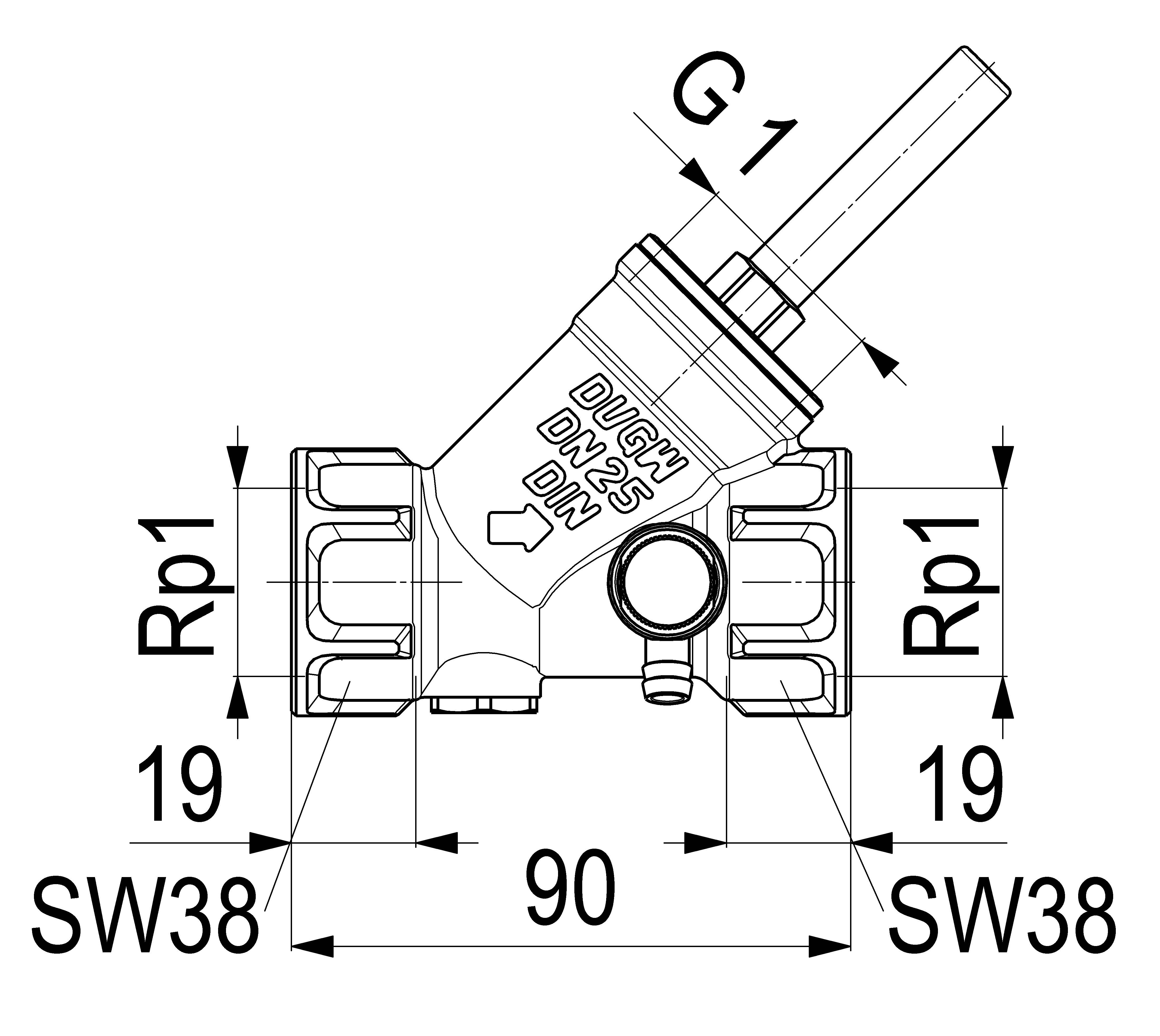 Technische Zeichnung eines DVGW DN25-Ventils oder einer Armatur mit Gewindelenden, beschriftet mit G1, Rp1, SW38, 19 und 90, mit Darstellung von Abmessungen und Ausrichtung.