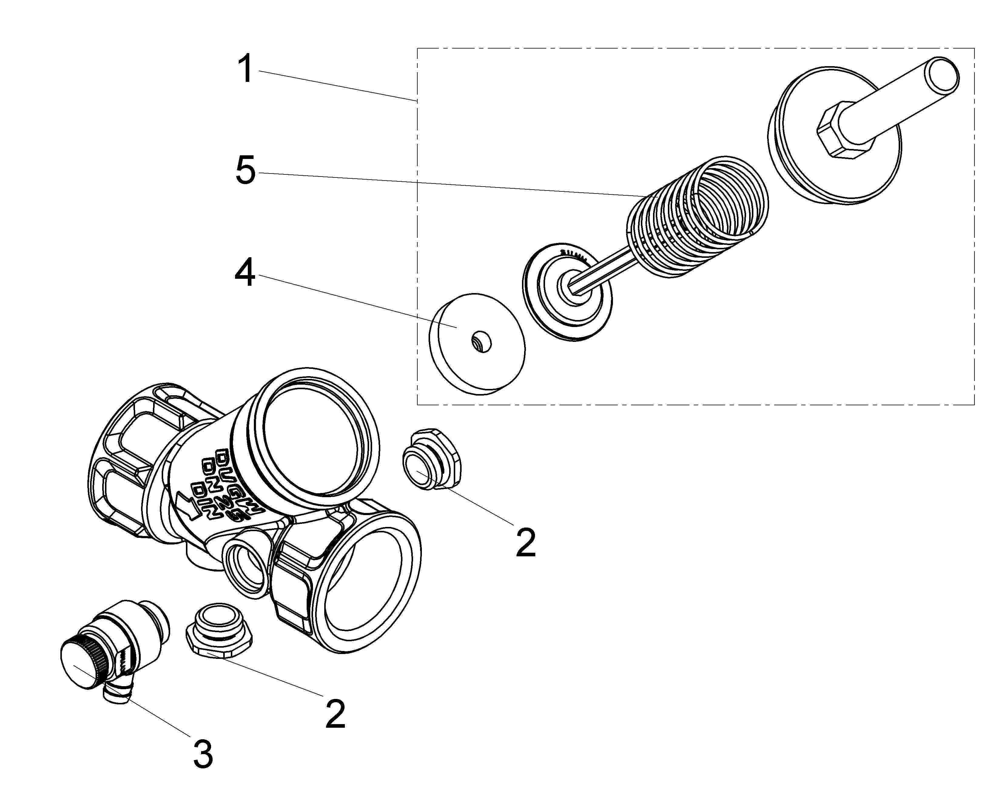 Explodierte technische Zeichnung einer mechanischen Ventilbaugruppe mit beschrifteten Teilen 1, 2, 3, 4 und 5, die den Körper, die Feder, die Kappe und die Befestigungselemente zeigt.