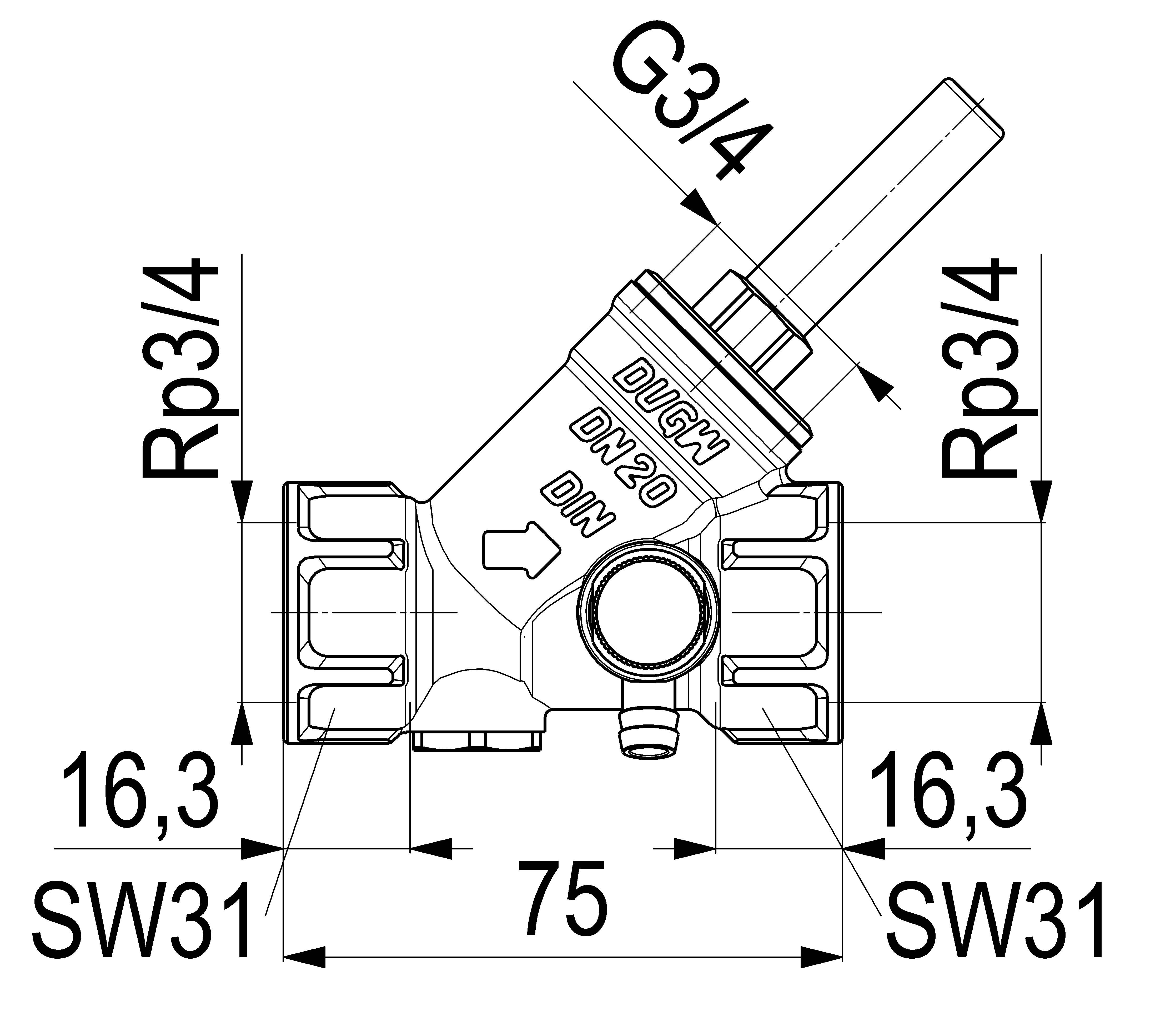 Technische Zeichnung eines DVGW DN 20 Winkelventils/Filters mit beschrifteten Abmessungen: 75 mm Breite, 16,3 mm Seitenabstand, SW31, Rp3/4 Anschlüsse und C3/4 Deckelanschluss.
