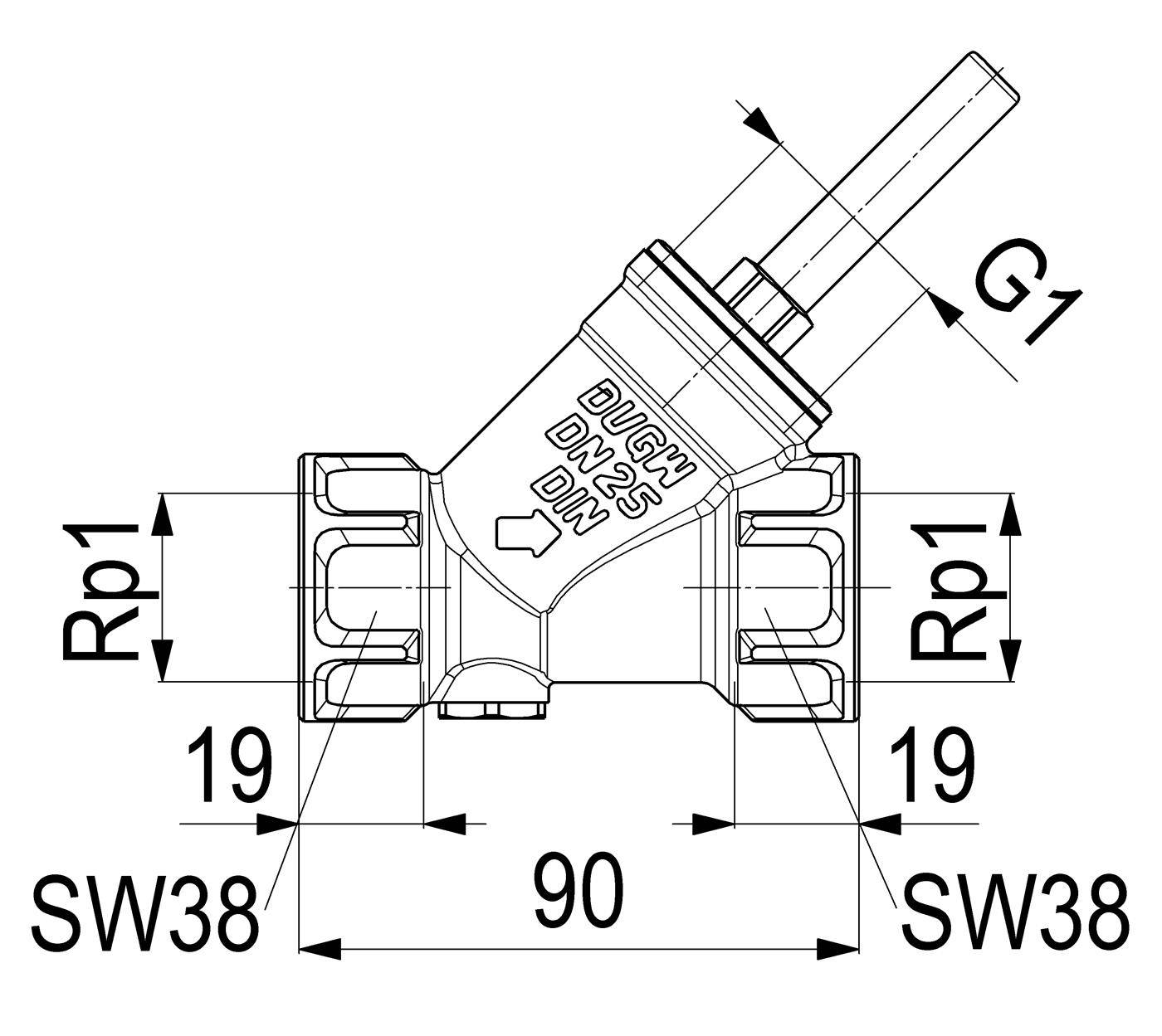 Technische Zeichnung eines abgewinkelten Y-Siebventils mit gekennzeichneten Abmessungen: G1-Einlass, Rp1-Enden, 90 mm Breite, SW38 und 19 mm Messungen.