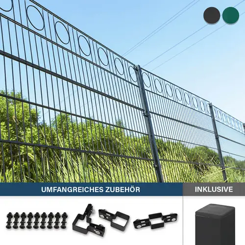 DOPPELSTABMATTENZAUN MORATA - Farbe / Höhe / Länge: Farbe: Moosgrün / Höhe: 160 cm / Länge: 36 m, Anzahl Eckpfosten: 4x Eckpfosten DOPPELSTABMATTENZAUN MORATA - Farbe / Höhe / Länge: Farbe: Moosgrün / Höhe: 160 cm / Länge: 36 m, Anzahl Eckpfosten: 4x Eckpfosten
